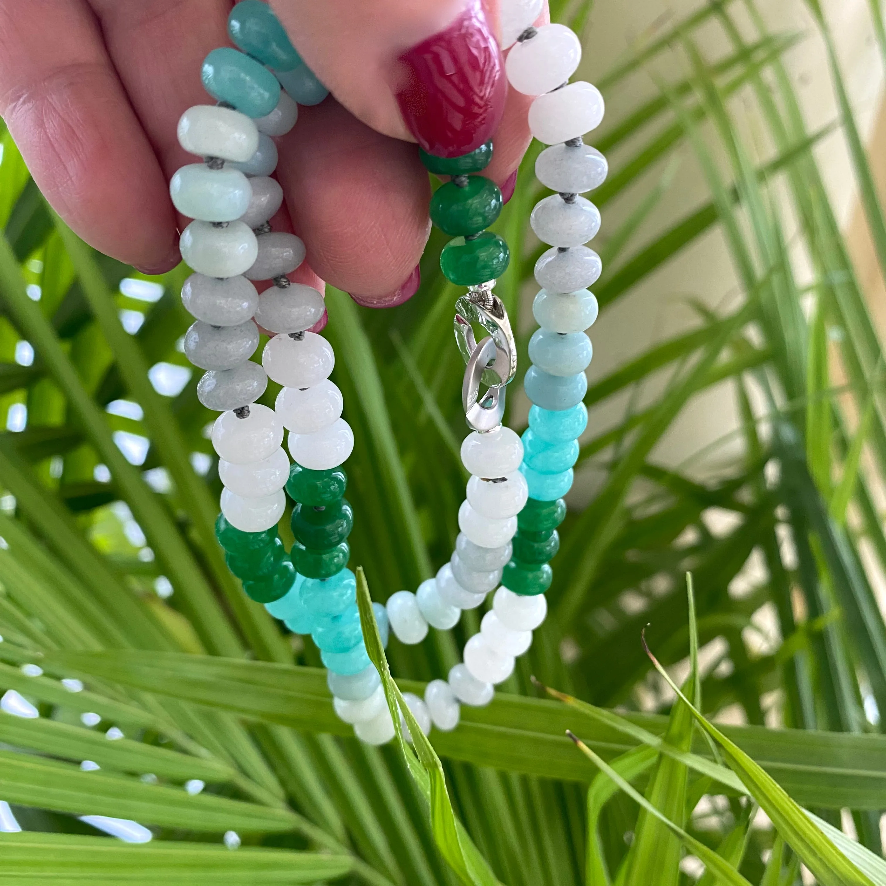 Hand Knotted Amazonite, Jade Candy Necklace, Silver Interlocking Clasp, 19inches