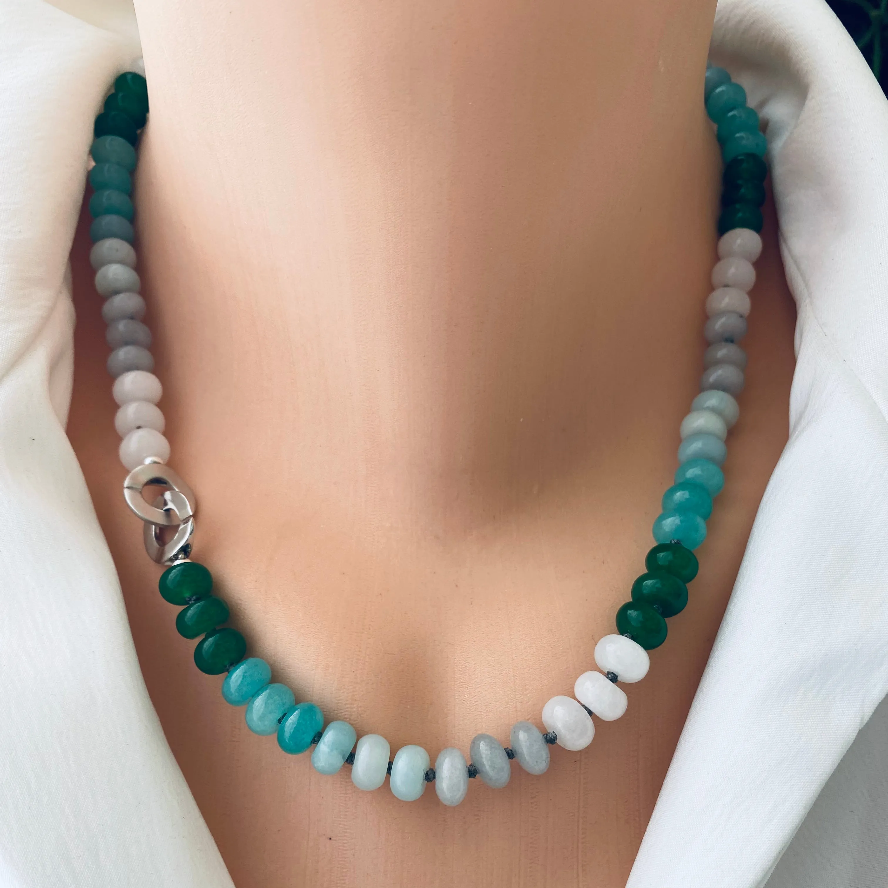 Hand Knotted Amazonite, Jade Candy Necklace, Silver Interlocking Clasp, 19inches