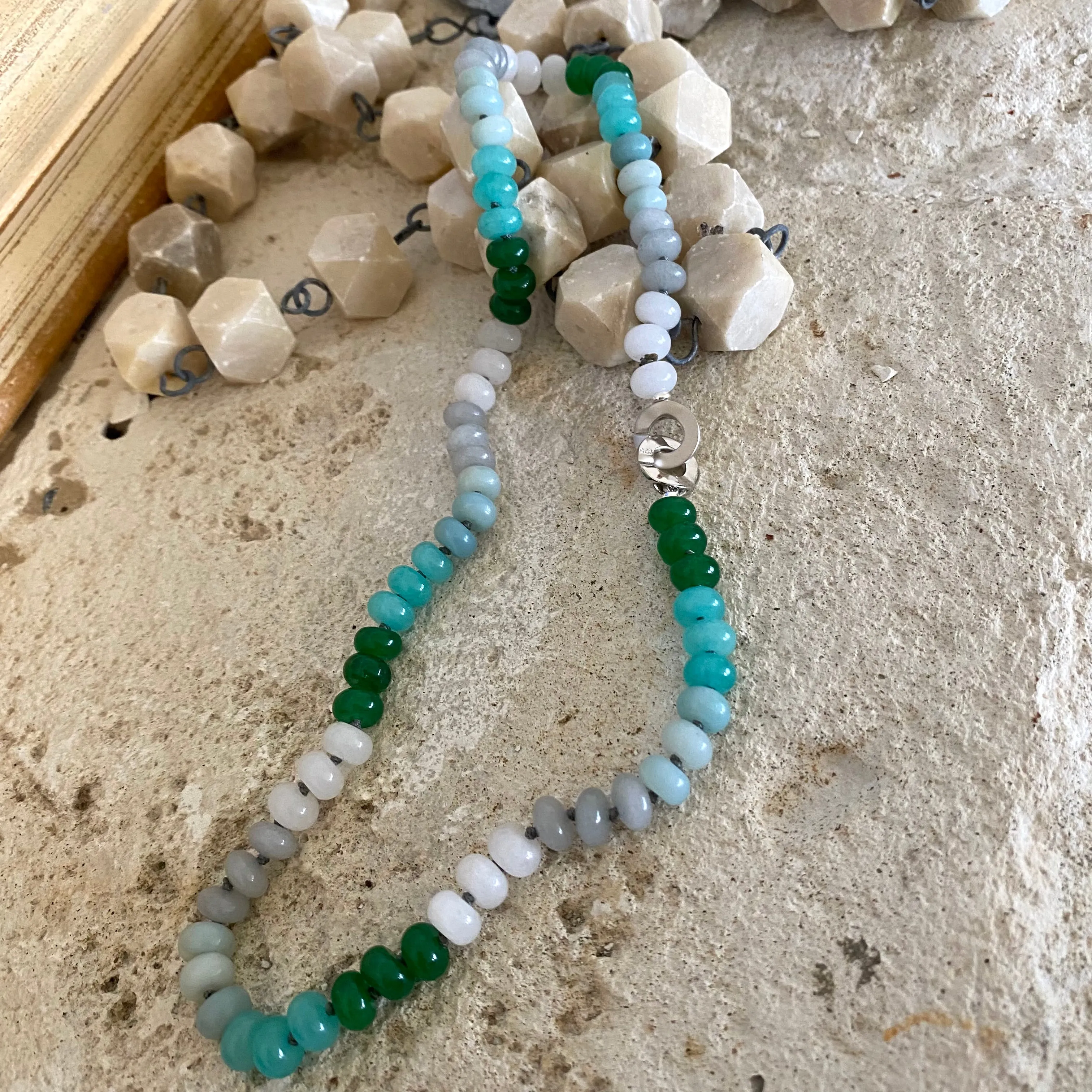 Hand Knotted Amazonite, Jade Candy Necklace, Silver Interlocking Clasp, 19inches