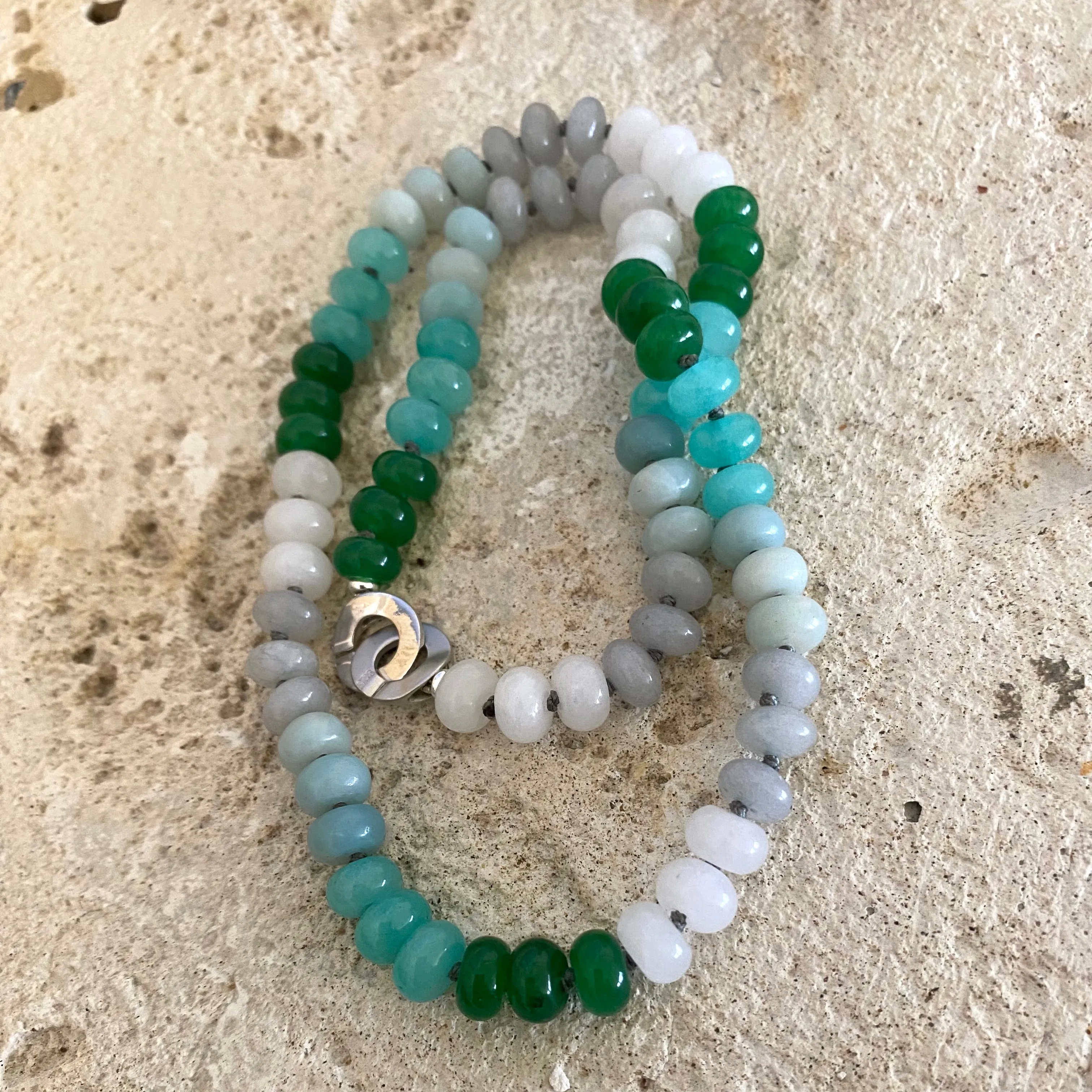 Hand Knotted Amazonite, Jade Candy Necklace, Silver Interlocking Clasp, 19inches