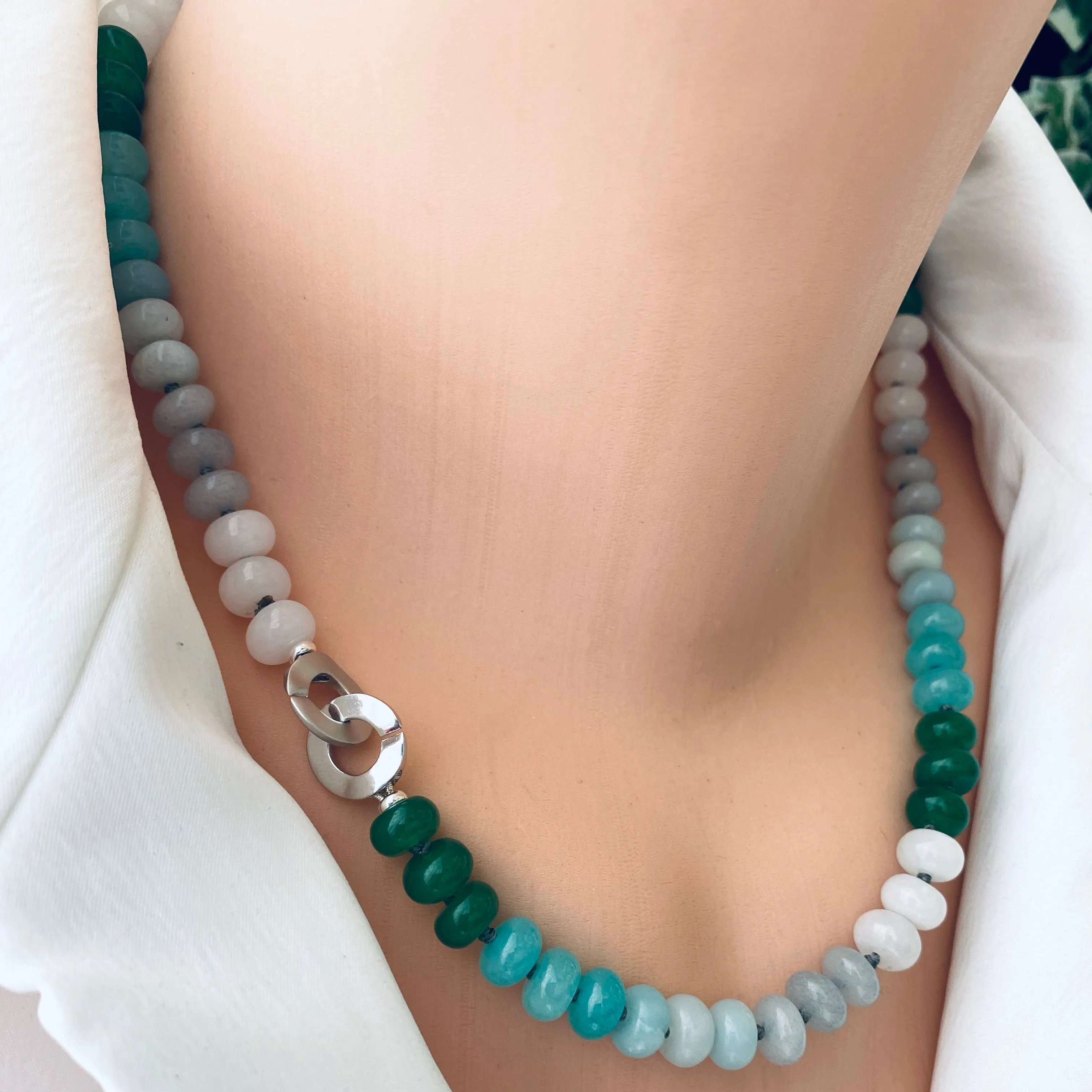 Hand Knotted Amazonite, Jade Candy Necklace, Silver Interlocking Clasp, 19inches