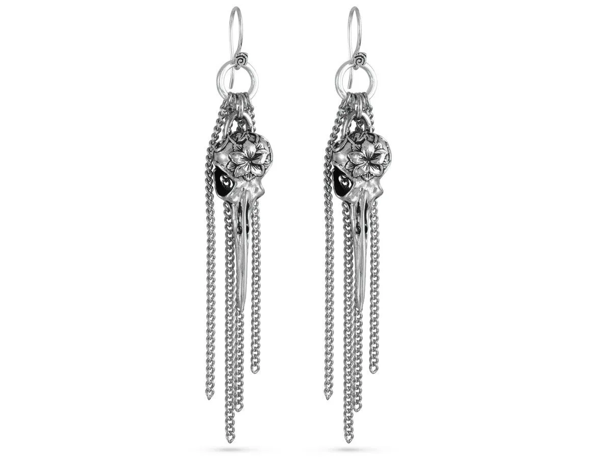 Hummingbird Skull Tassel Earrings - Silver