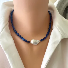 Kyanite and Baroque Pearl Necklace with Sterling Silver Beads and Closure, 17inches