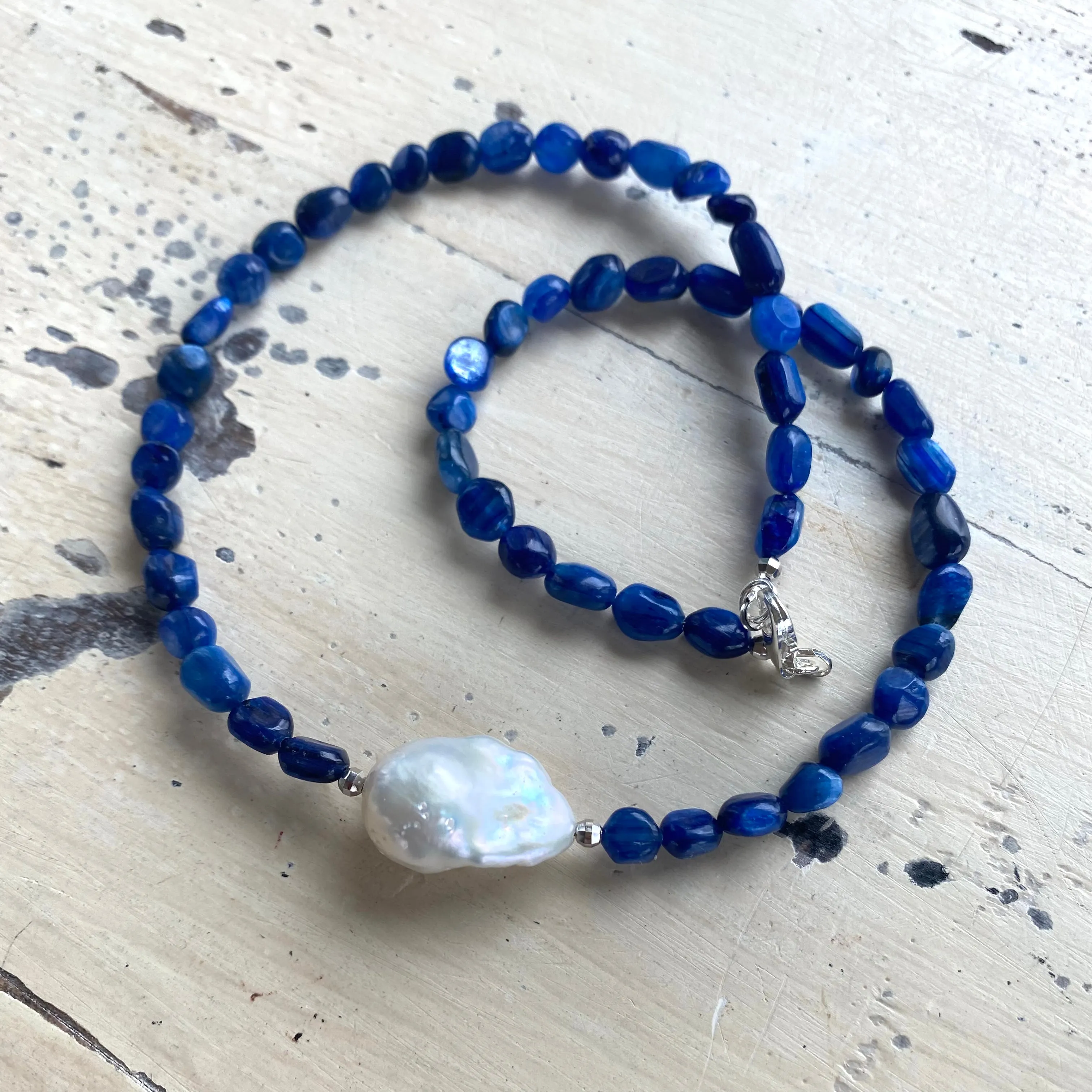 Kyanite and Baroque Pearl Necklace with Sterling Silver Beads and Closure, 17inches