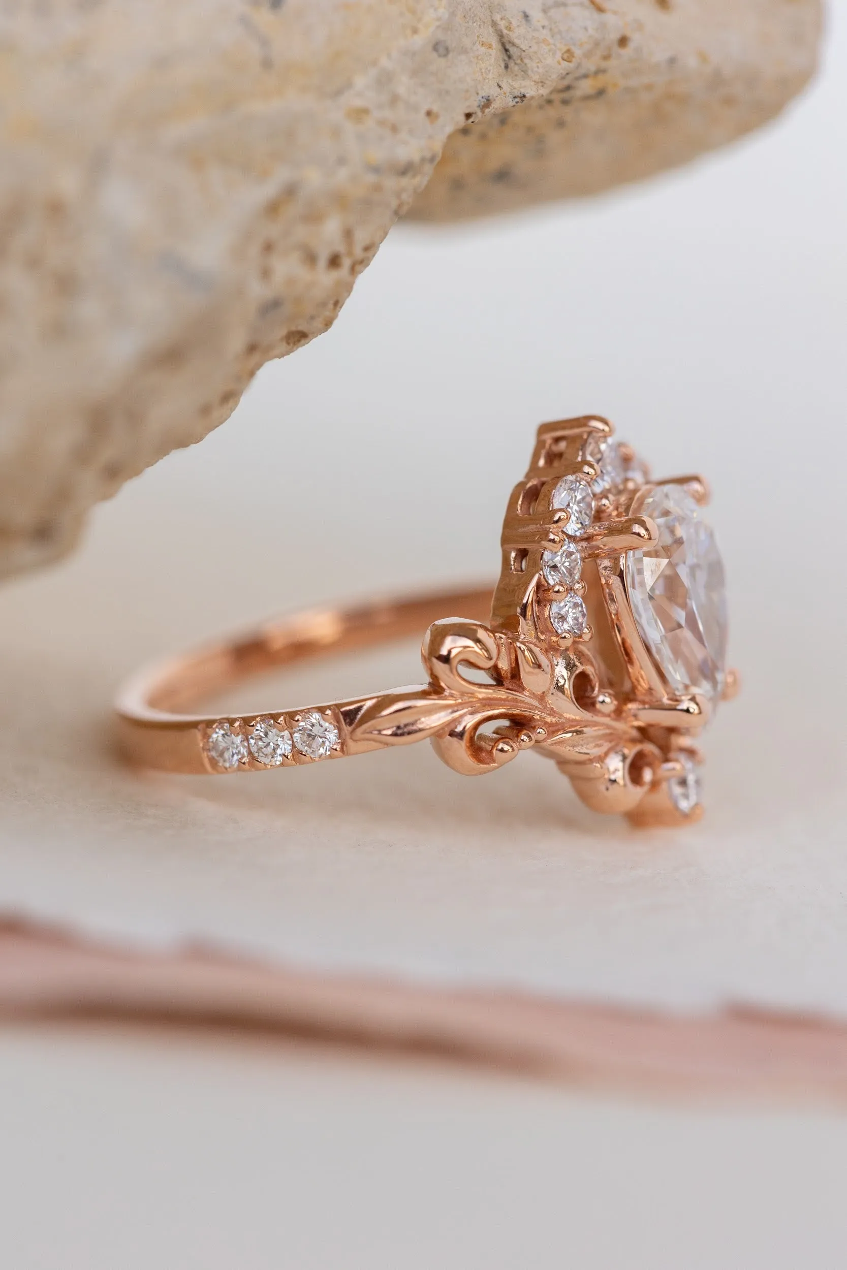 Lab grown diamond engagement ring, nature inspired  rose gold ring with diamond halo / Sophie