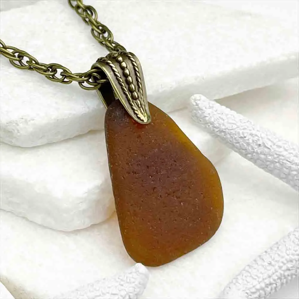 Large Rootbeer Sea Glass Pendant with Bronze Decorative Bail | #5045