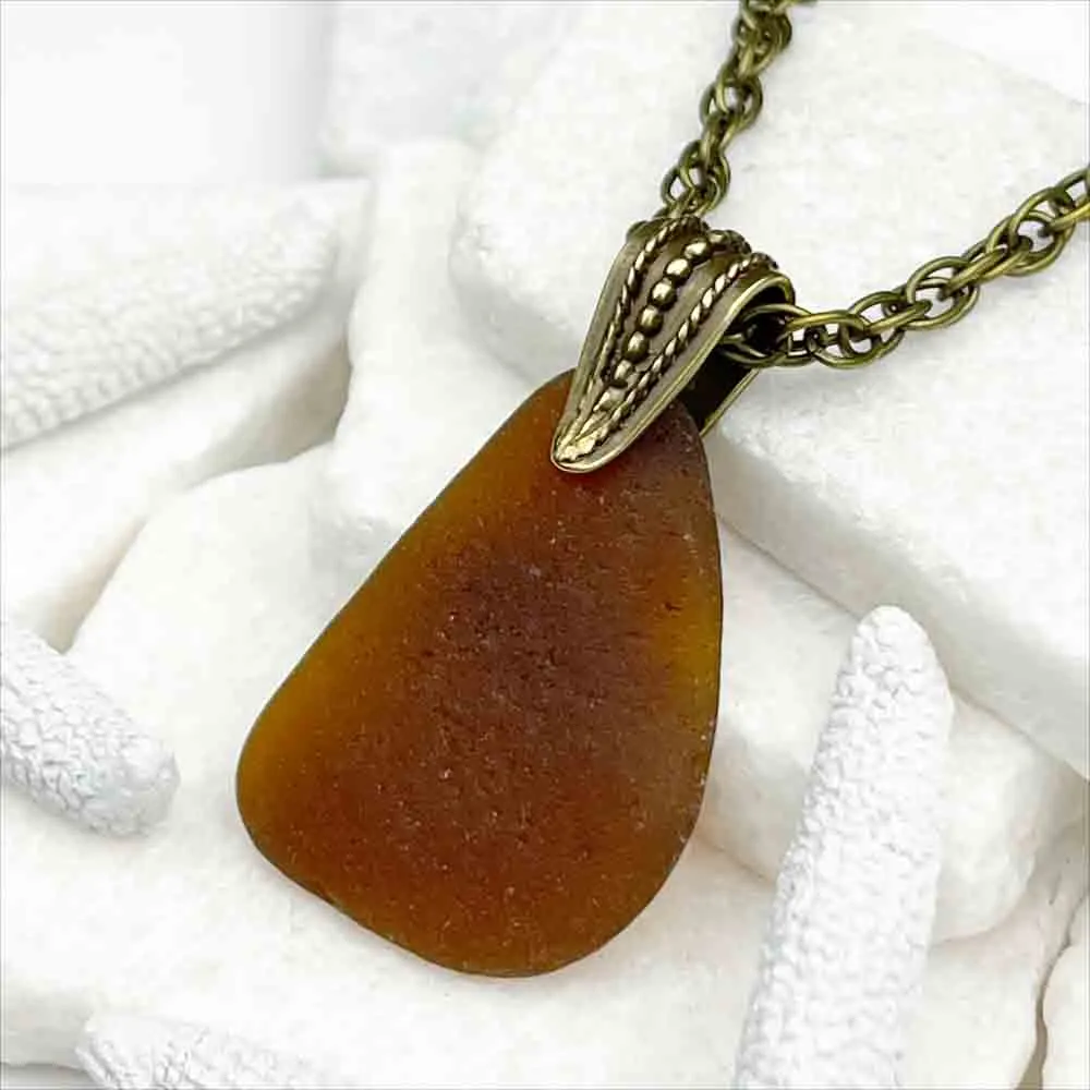 Large Rootbeer Sea Glass Pendant with Bronze Decorative Bail | #5045