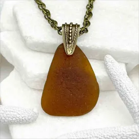 Large Rootbeer Sea Glass Pendant with Bronze Decorative Bail | #5045