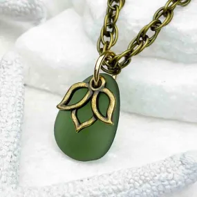 Light Champagne Green Sea Glass Pendant with Lotus Charm | #5128