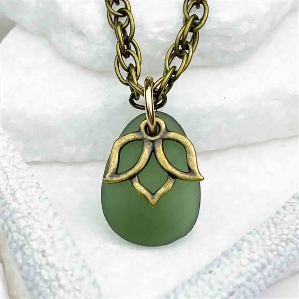 Light Champagne Green Sea Glass Pendant with Lotus Charm | #5128