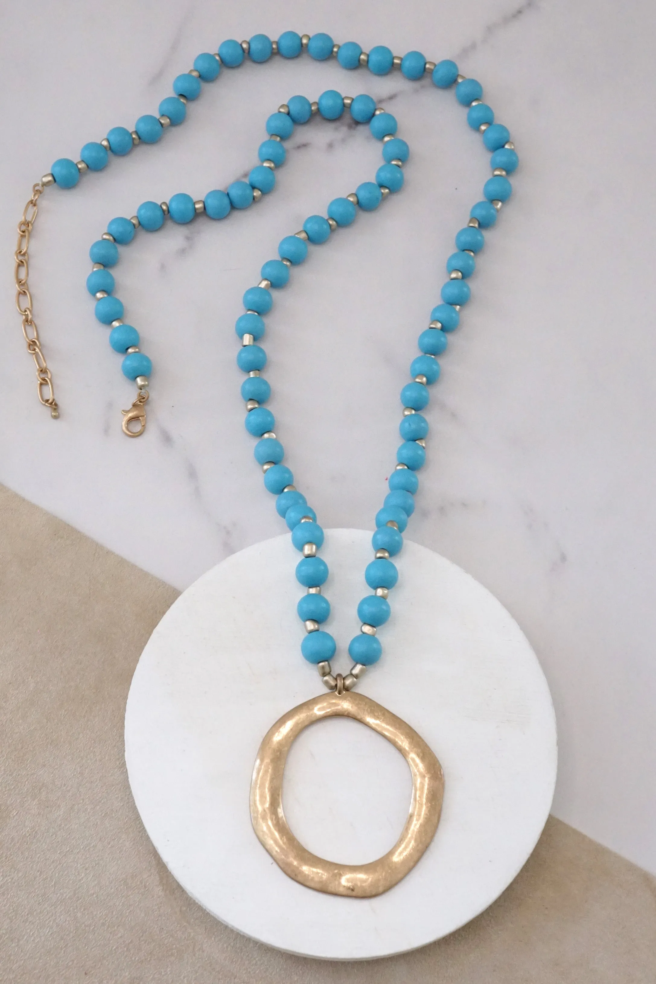 Long Wooden Bead Necklace with gold circle - Turquoise Blue