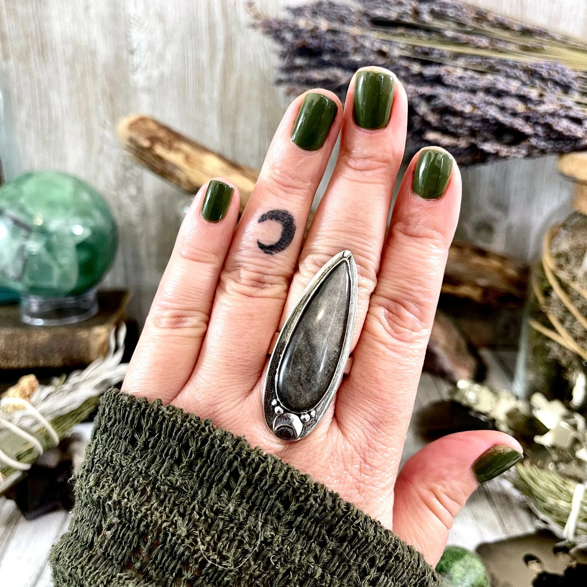 Magic Moons Silver Sheen Obsidian Ring in Sterling Silver /  Designed by FOXLARK Collection Adjustable to Size 6 7 8 9 10