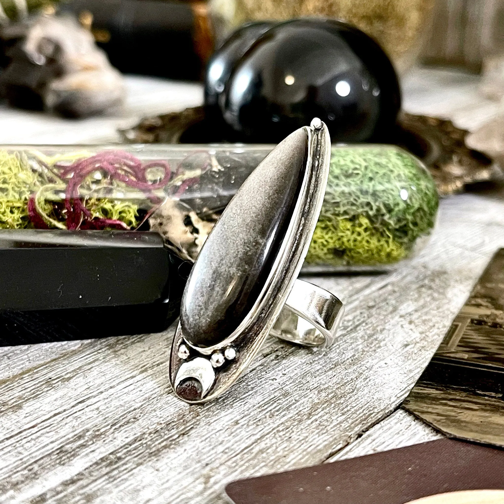 Magic Moons Silver Sheen Obsidian Ring in Sterling Silver /  Designed by FOXLARK Collection Adjustable to Size 6 7 8 9 10