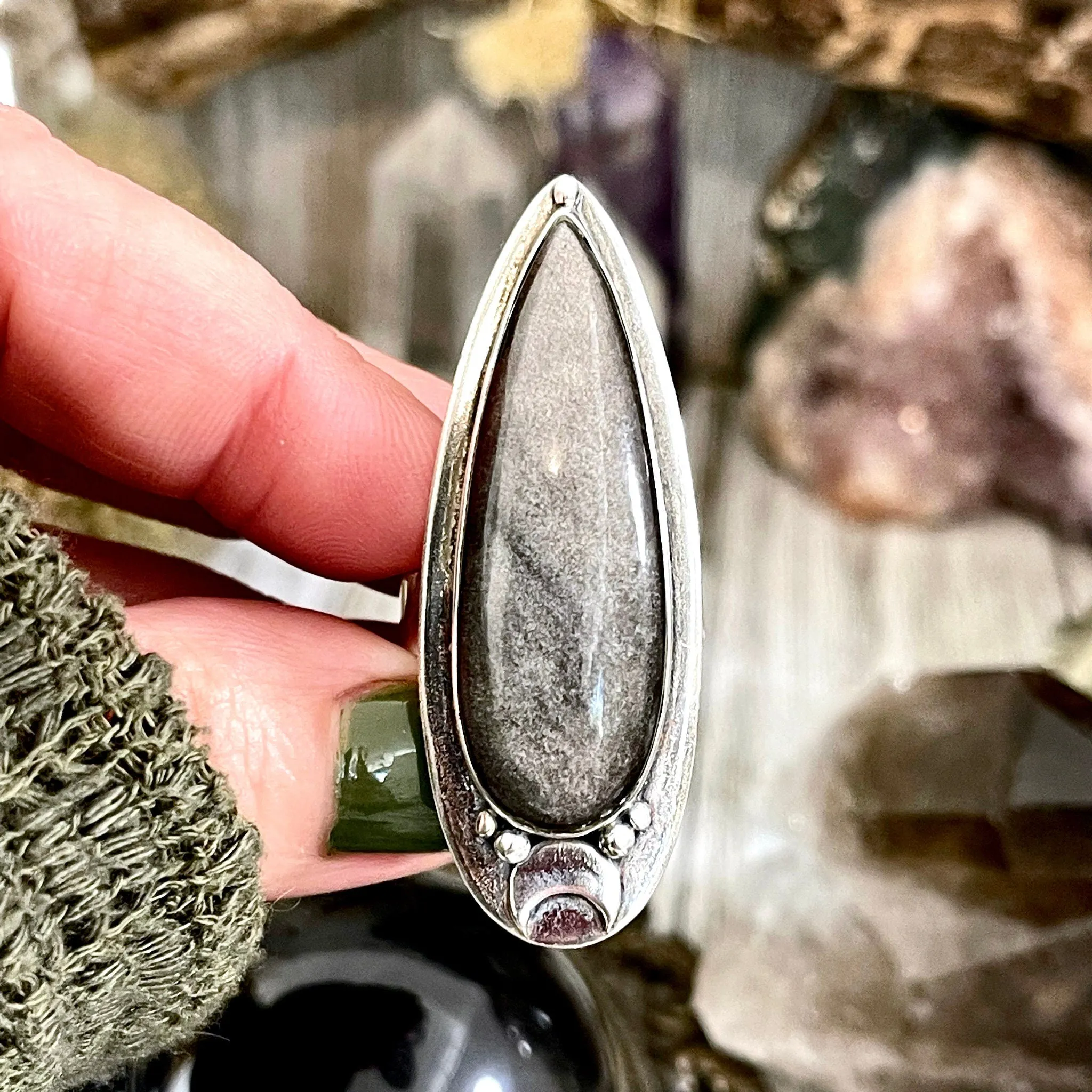 Magic Moons Silver Sheen Obsidian Ring in Sterling Silver /  Designed by FOXLARK Collection Adjustable to Size 6 7 8 9 10