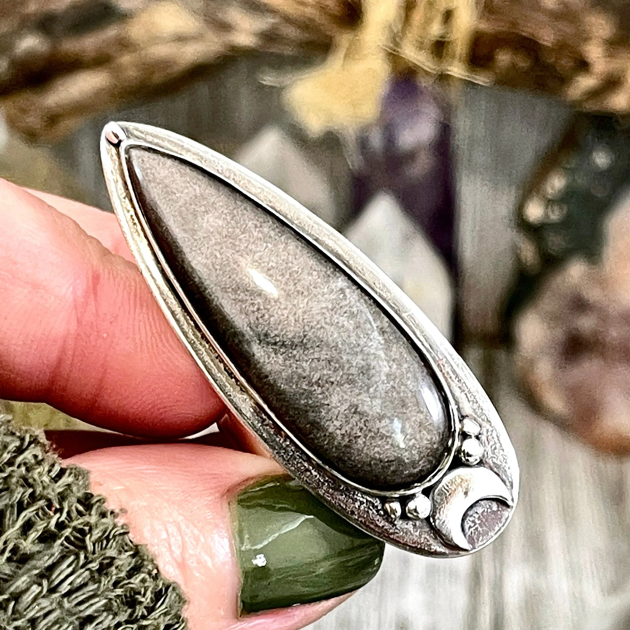 Magic Moons Silver Sheen Obsidian Ring in Sterling Silver /  Designed by FOXLARK Collection Adjustable to Size 6 7 8 9 10