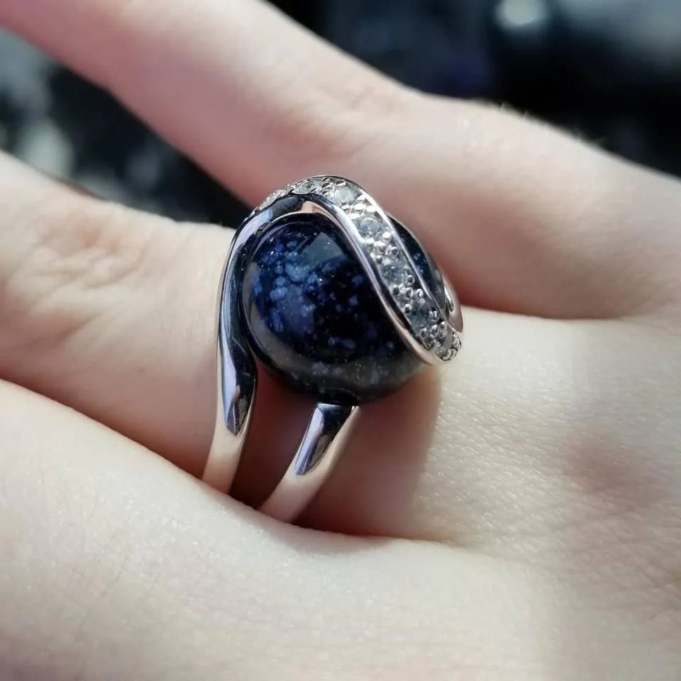 Midnight Sparkle Ring with 12mm Glass Marble Infused with Cremains