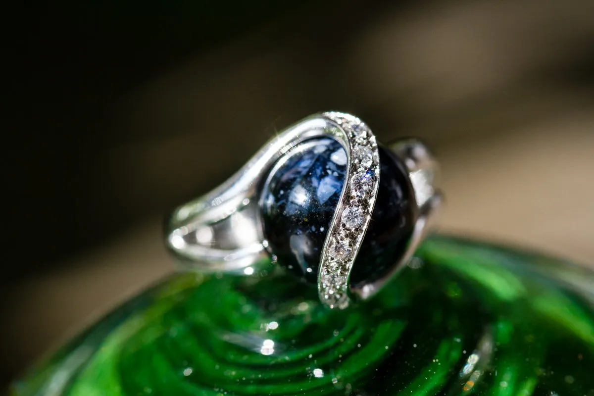 Midnight Sparkle Ring with 12mm Glass Marble Infused with Cremains