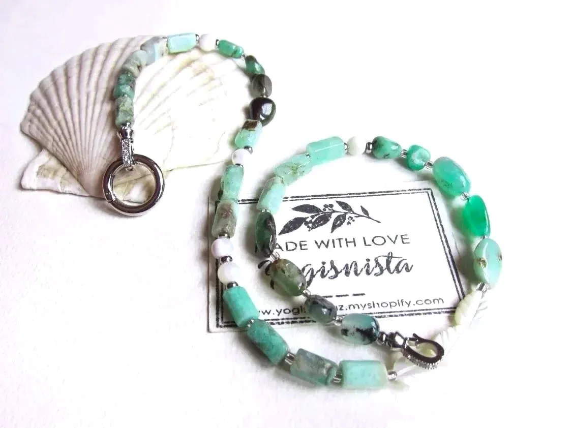 Mother of Pearl, Chrysoprase Jade Beaded Necklace - Abundance, Protection, Prosperity