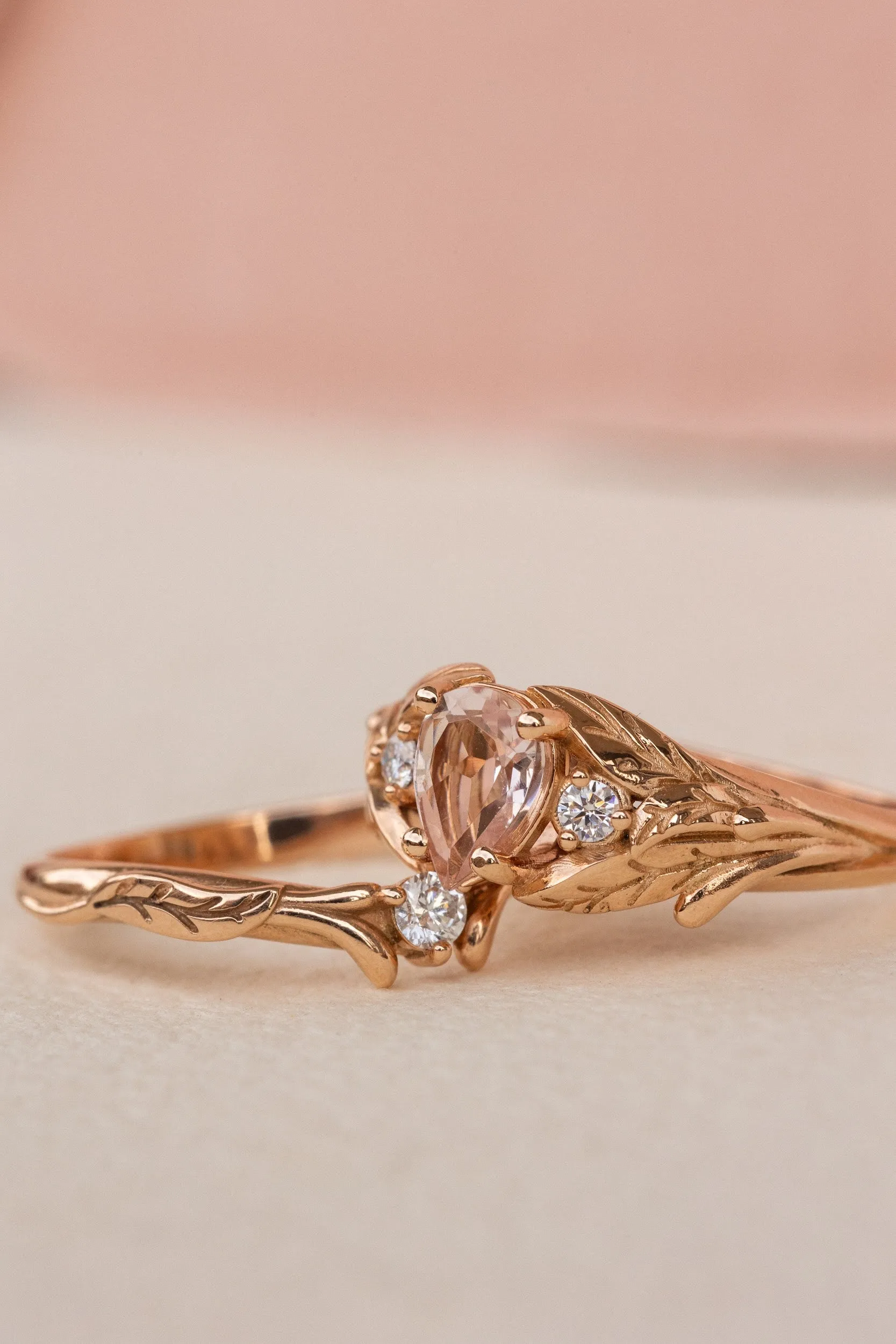 Natural rose morganite and side diamonds rose gold bridal ring set / Wisteria