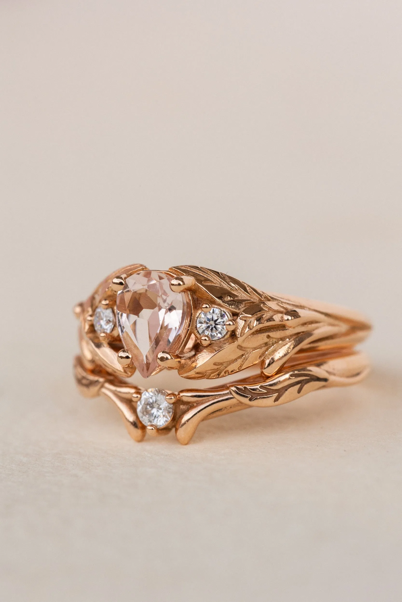 Natural rose morganite and side diamonds rose gold bridal ring set / Wisteria