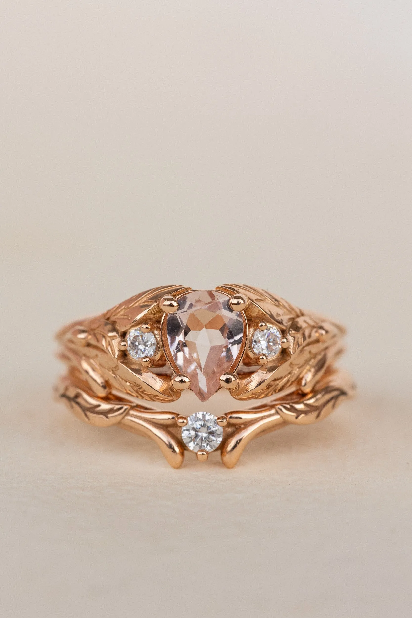 Natural rose morganite and side diamonds rose gold bridal ring set / Wisteria