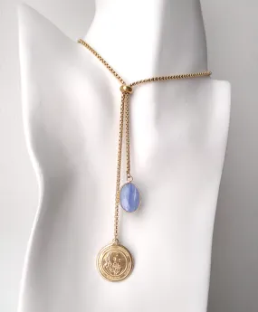 Oval Blue Lace Agate with Padre Pio Charm Slider Necklace