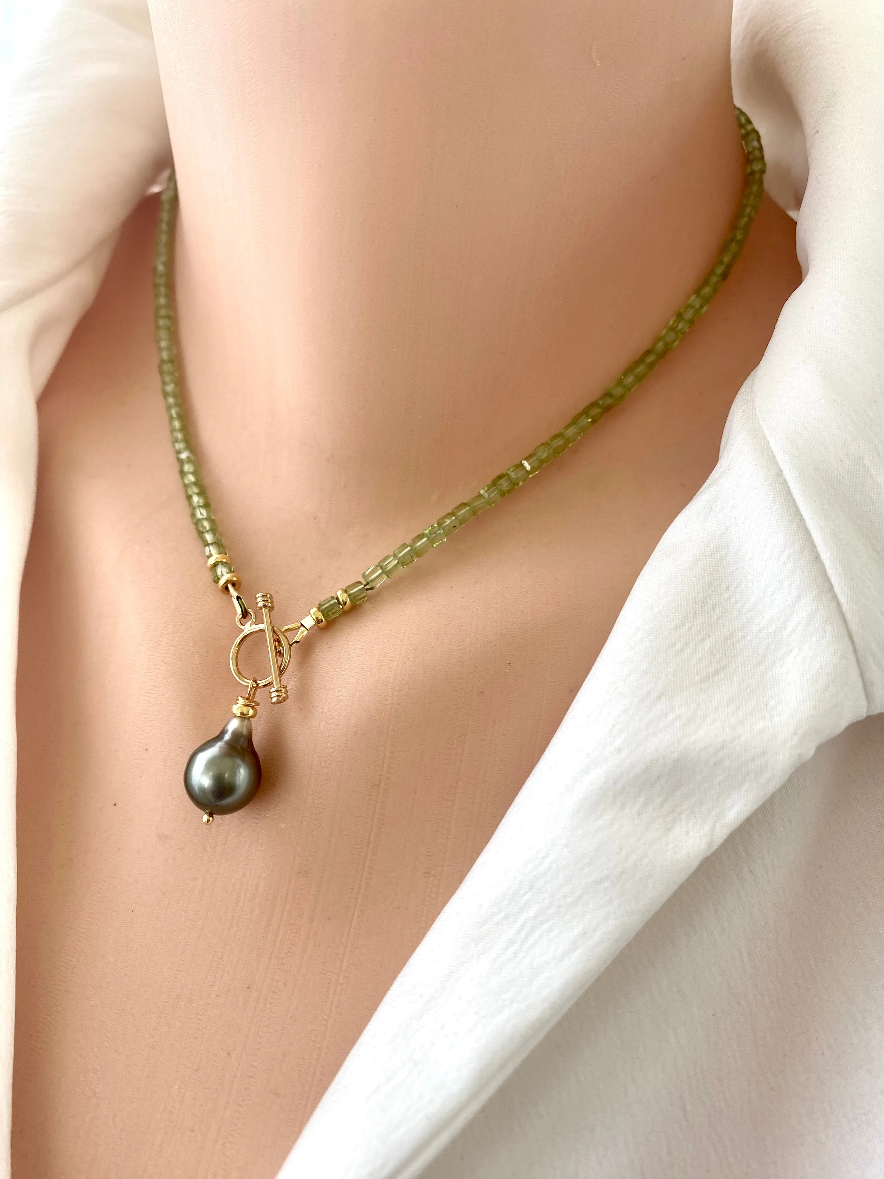 Peridot Toggle Necklace & Tahitian Baroque Pearl Pendant, Gold Vermeil, 16.5inches, August Birthstone