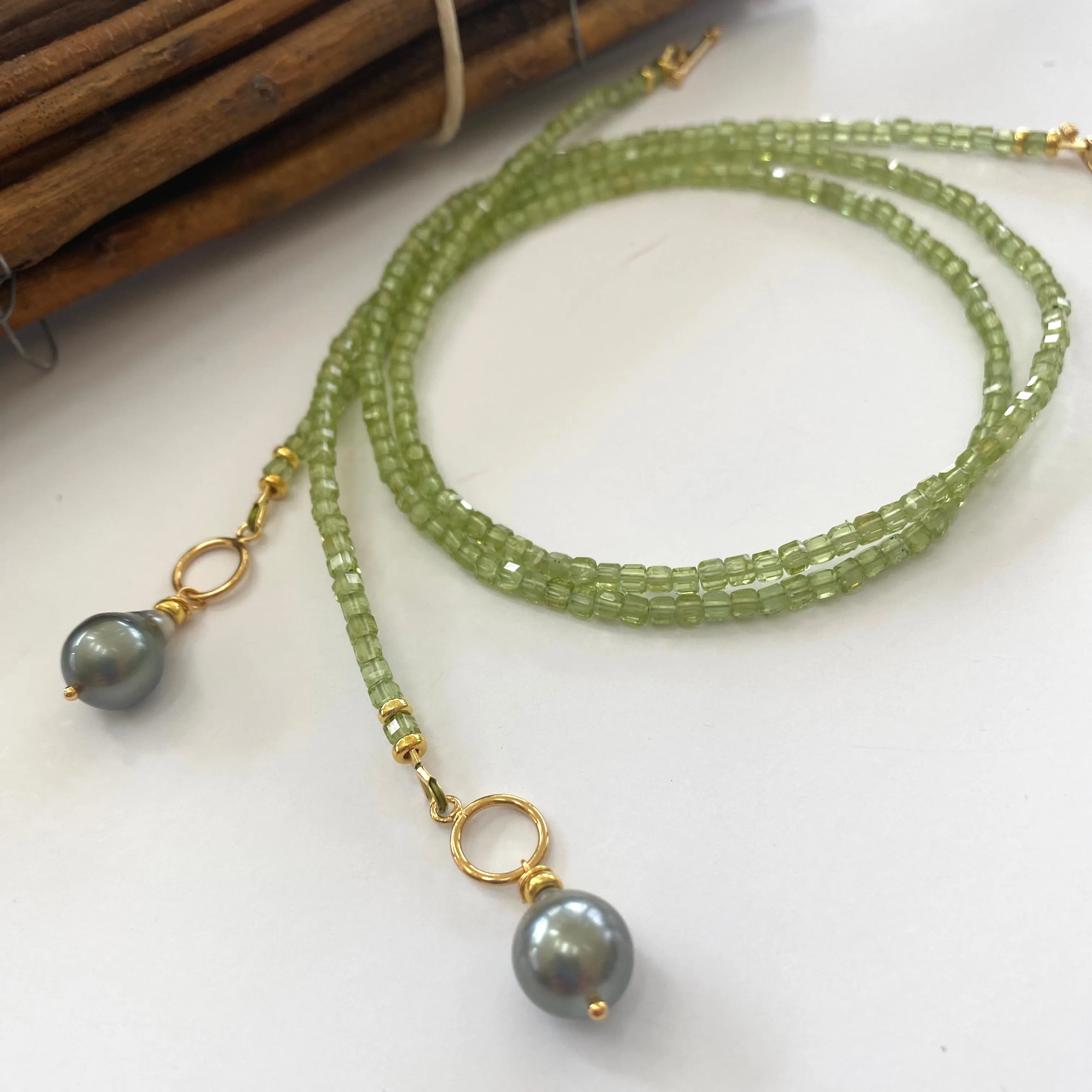 Peridot Toggle Necklace & Tahitian Baroque Pearl Pendant, Gold Vermeil, 16.5inches, August Birthstone