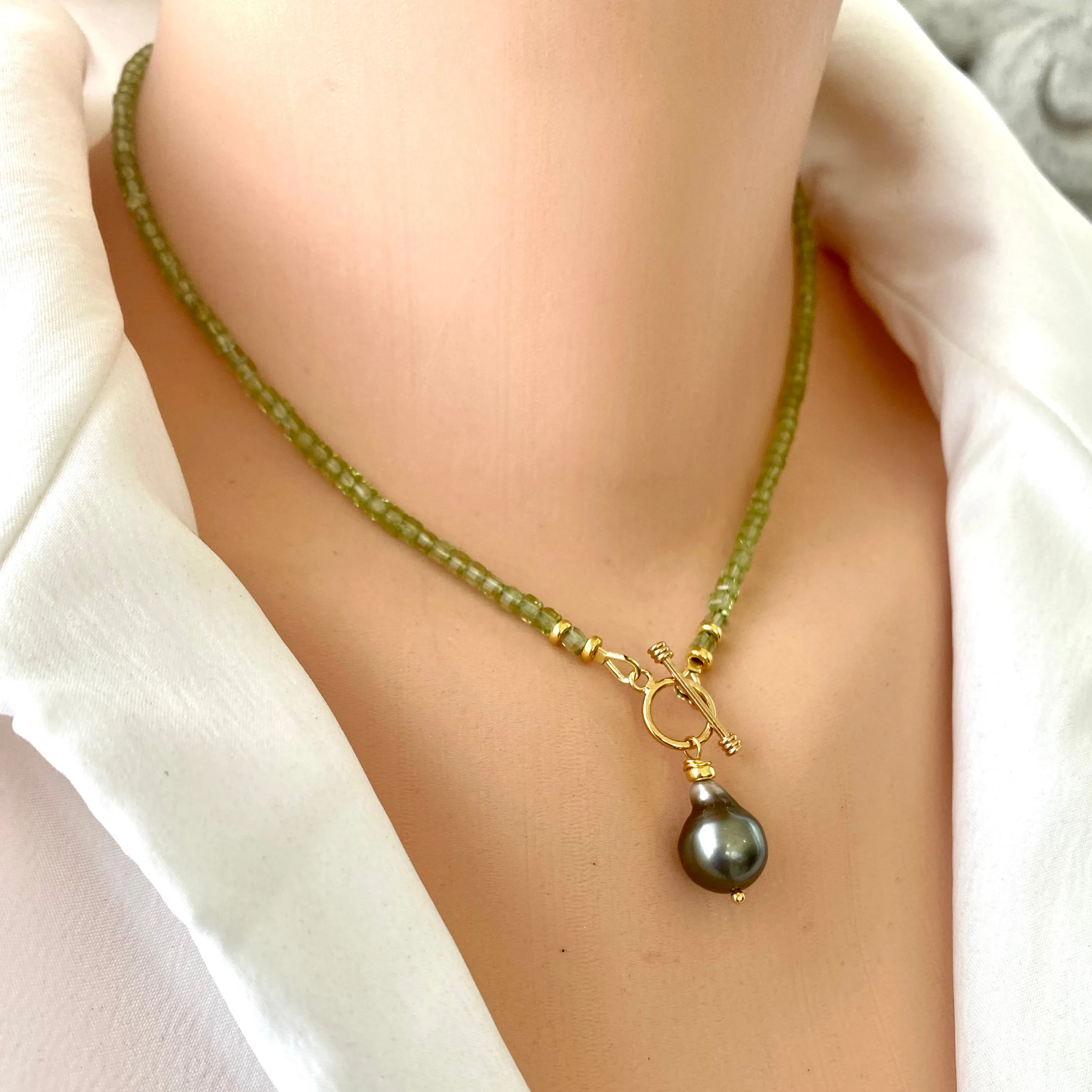 Peridot Toggle Necklace & Tahitian Baroque Pearl Pendant, Gold Vermeil, 16.5inches, August Birthstone