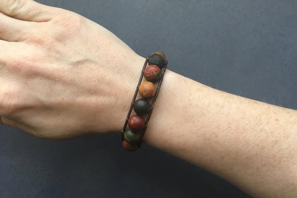 Picasso Jasper on Dark Brown Leather Wrap Bracelet For Him or Her