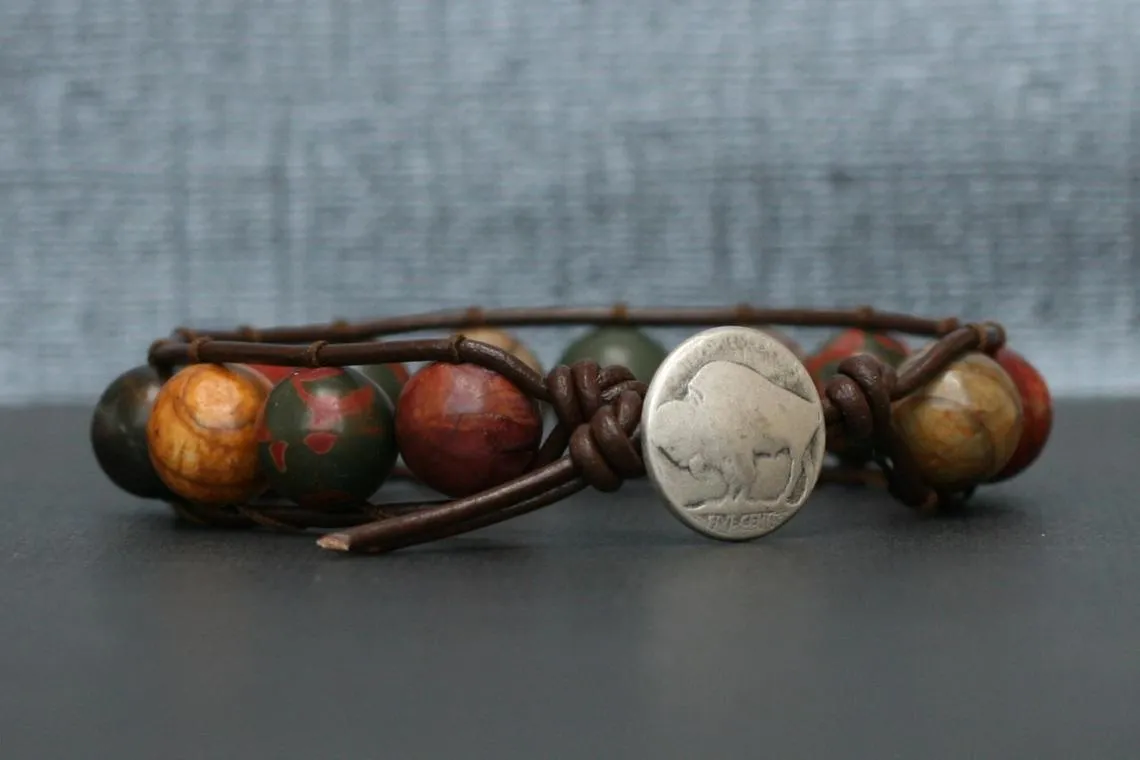 Picasso Jasper on Dark Brown Leather Wrap Bracelet For Him or Her