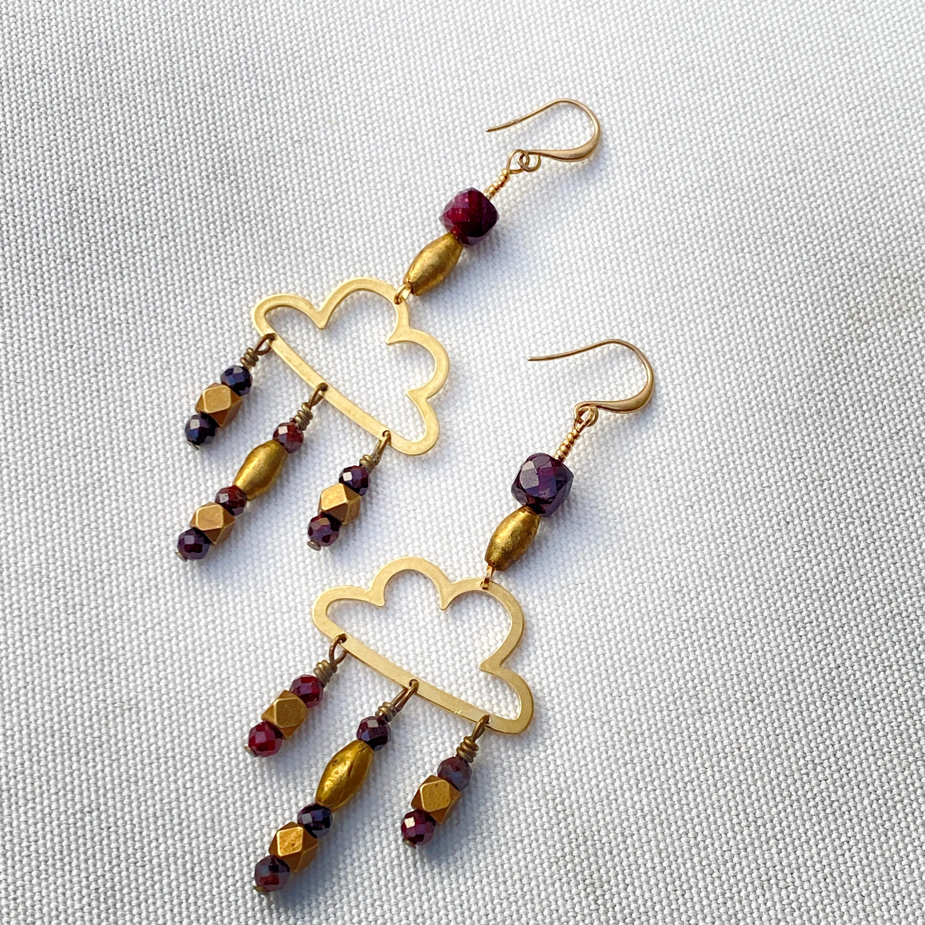 Raw Brass Cloud and Garnet gemstone Rain Drop Earrings