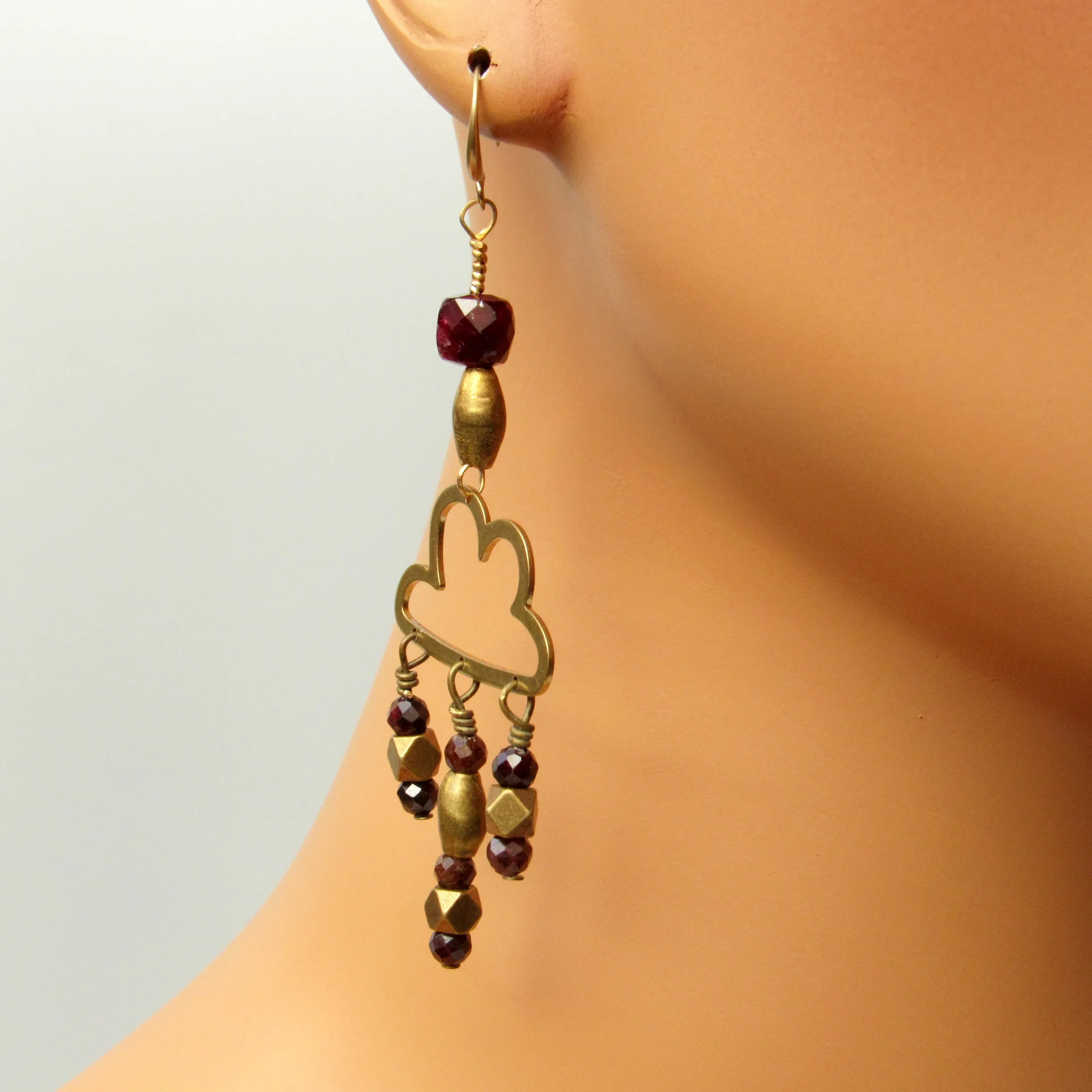 Raw Brass Cloud and Garnet gemstone Rain Drop Earrings