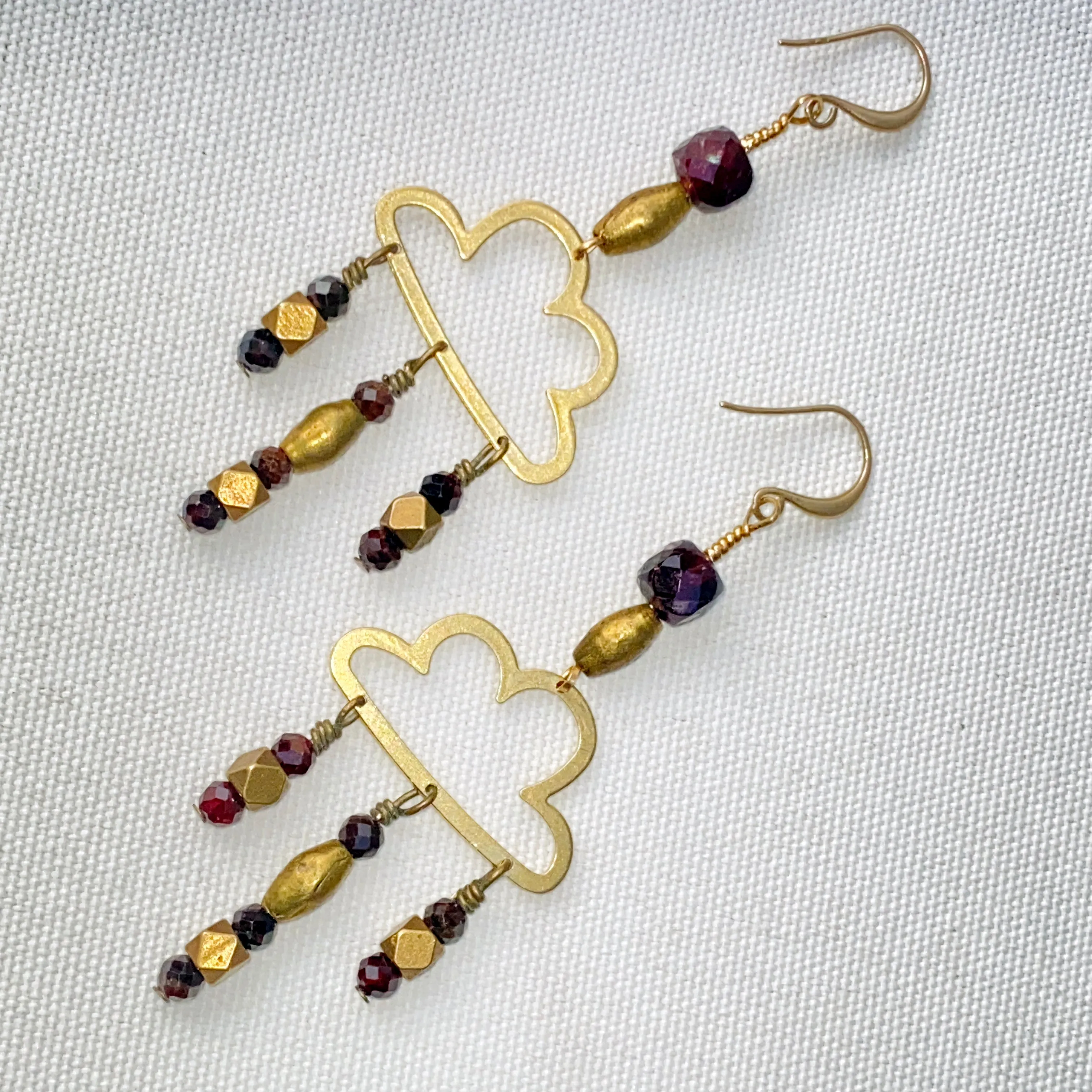 Raw Brass Cloud and Garnet gemstone Rain Drop Earrings