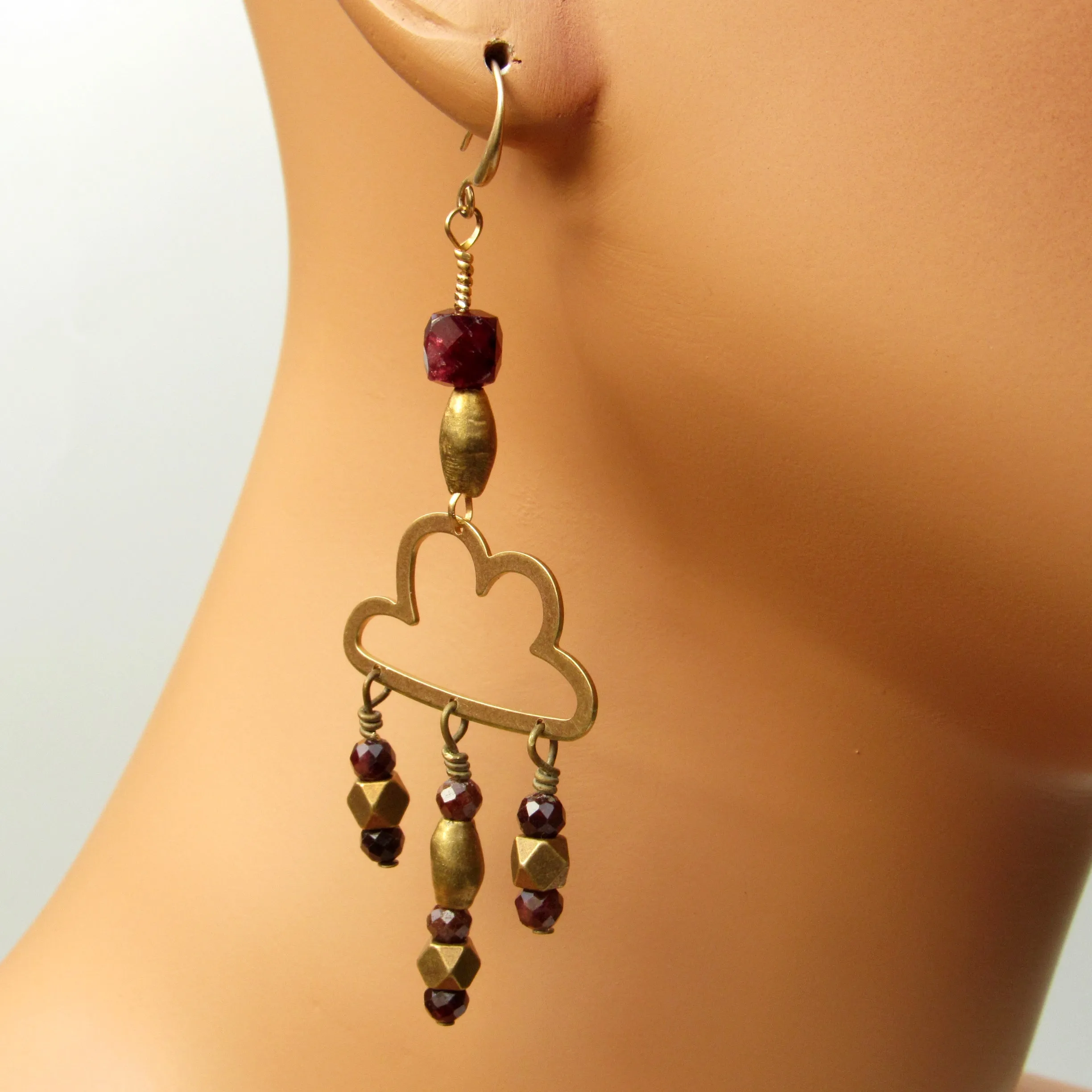 Raw Brass Cloud and Garnet gemstone Rain Drop Earrings