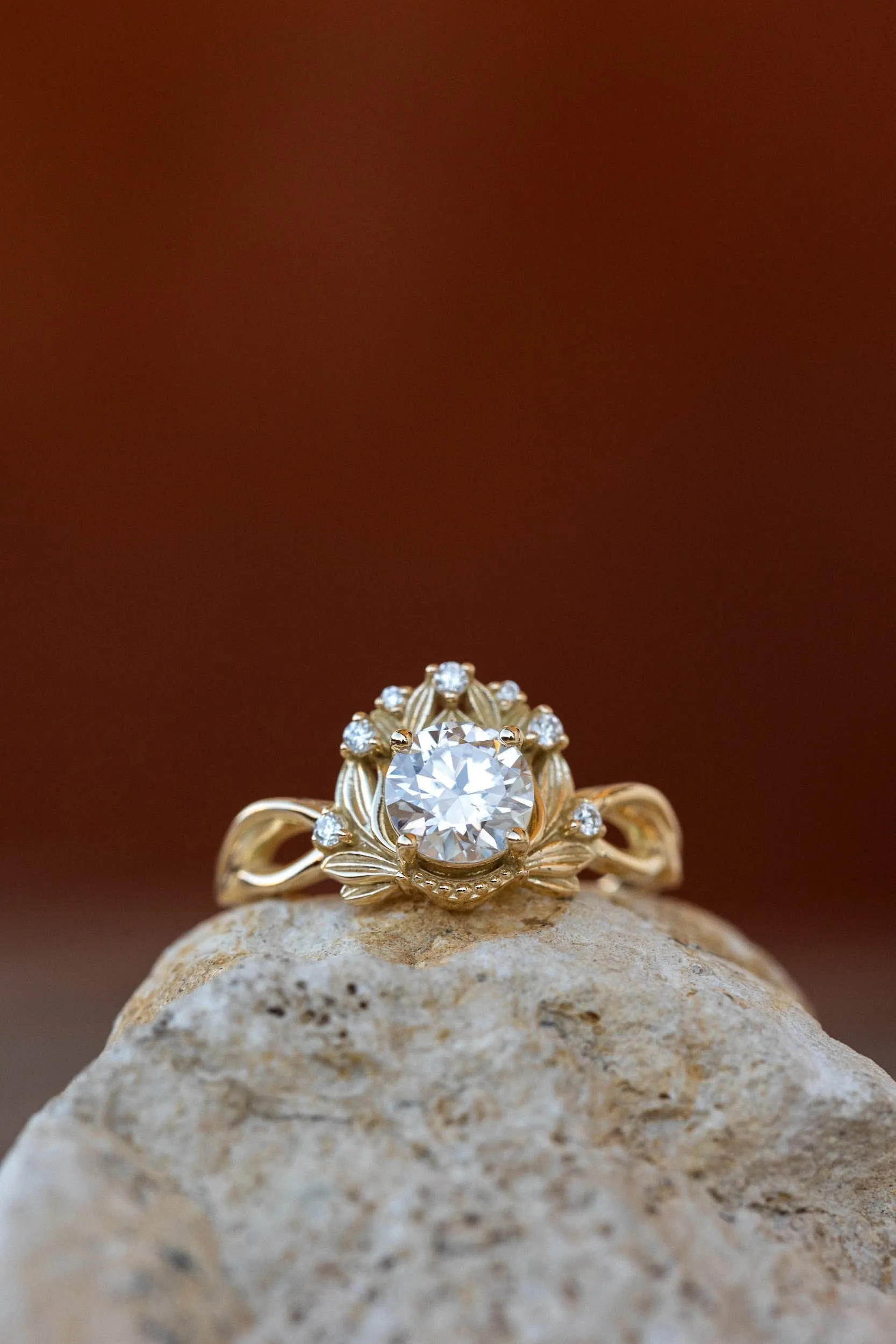 READY TO SHIP: Nika ring in 14K yellow gold, moissanite round cut 6.5 mm, accent moissanites, AVAILABLE RING SIZES: 6-8US