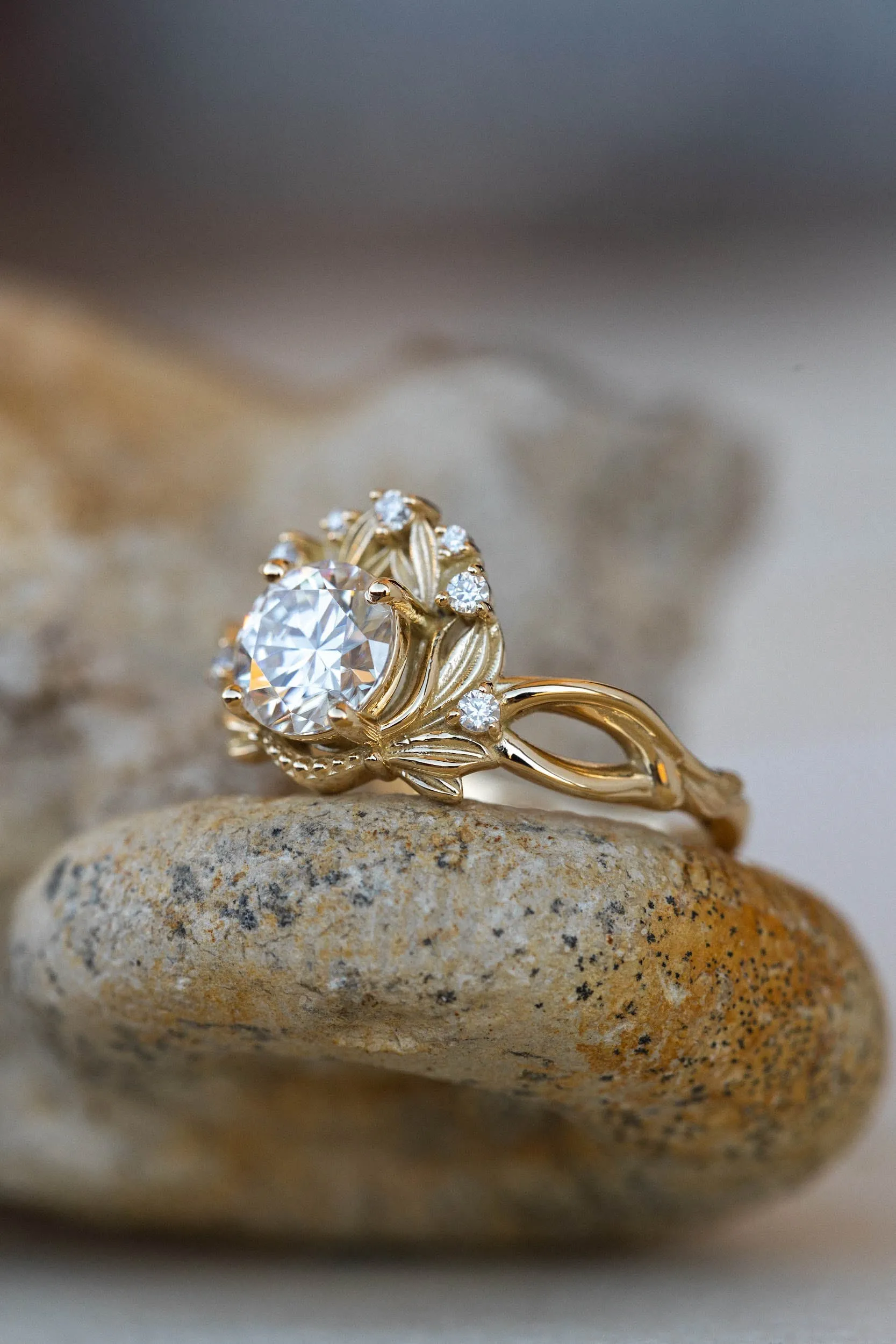 READY TO SHIP: Nika ring in 14K yellow gold, moissanite round cut 6.5 mm, accent moissanites, AVAILABLE RING SIZES: 6-8US