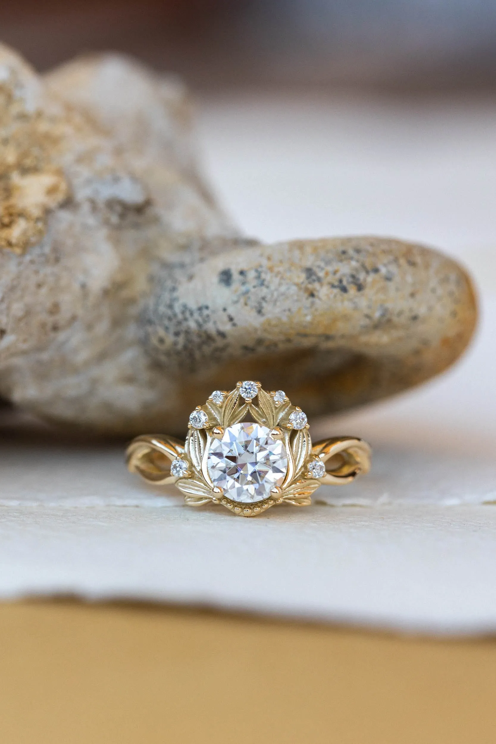 READY TO SHIP: Nika ring in 14K yellow gold, moissanite round cut 6.5 mm, accent moissanites, AVAILABLE RING SIZES: 6-8US