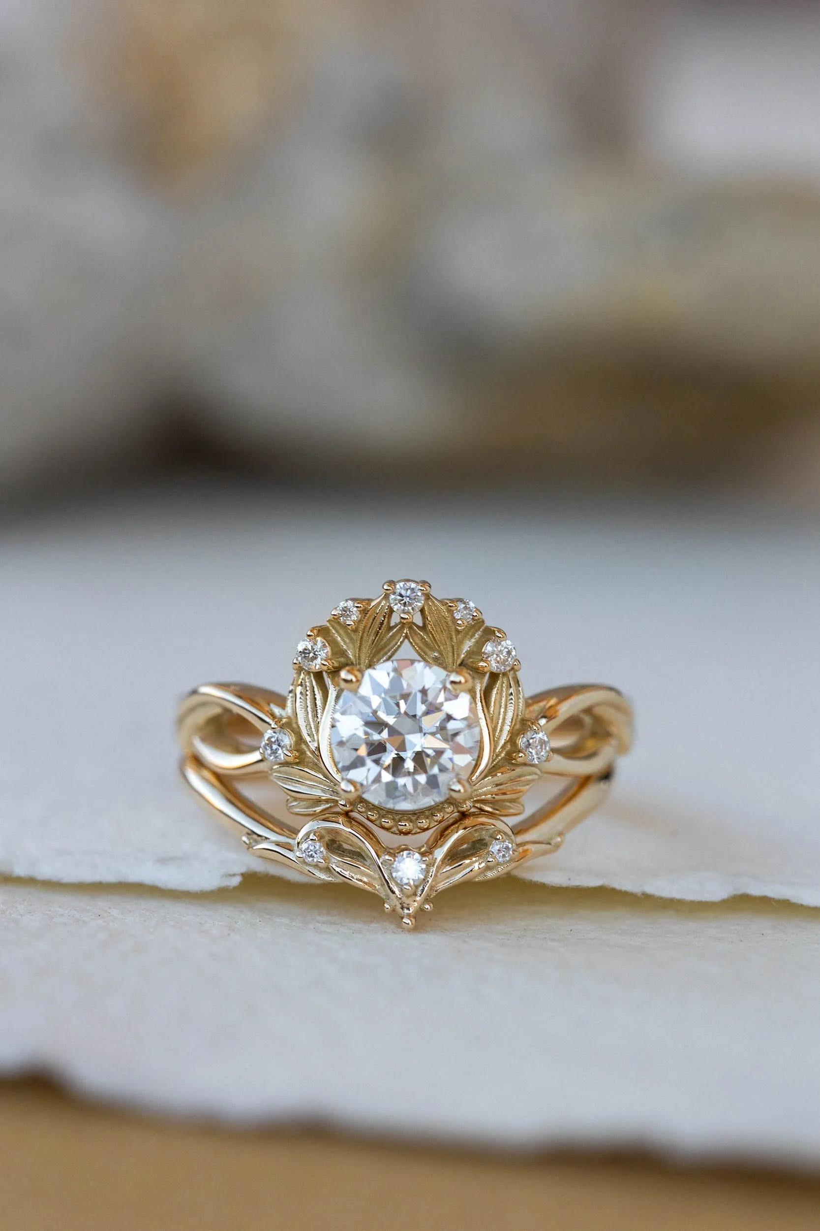 READY TO SHIP: Nika ring in 14K yellow gold, moissanite round cut 6.5 mm, accent moissanites, AVAILABLE RING SIZES: 6-8US