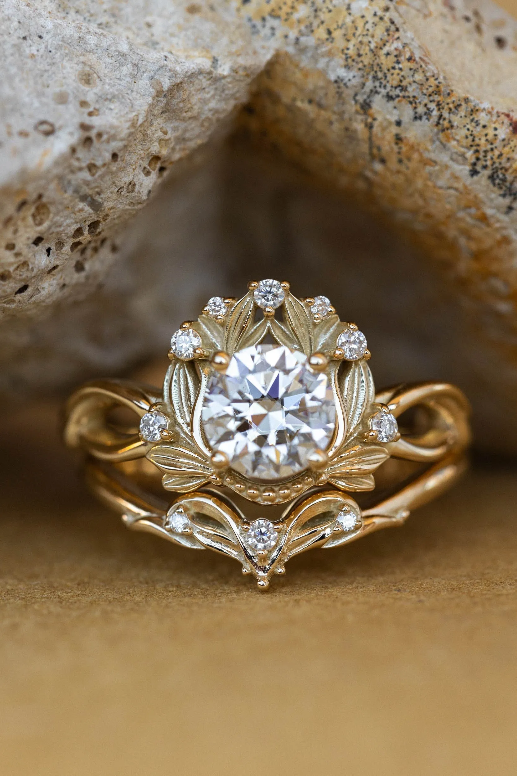 READY TO SHIP: Nika ring in 14K yellow gold, moissanite round cut 6.5 mm, accent moissanites, AVAILABLE RING SIZES: 6-8US