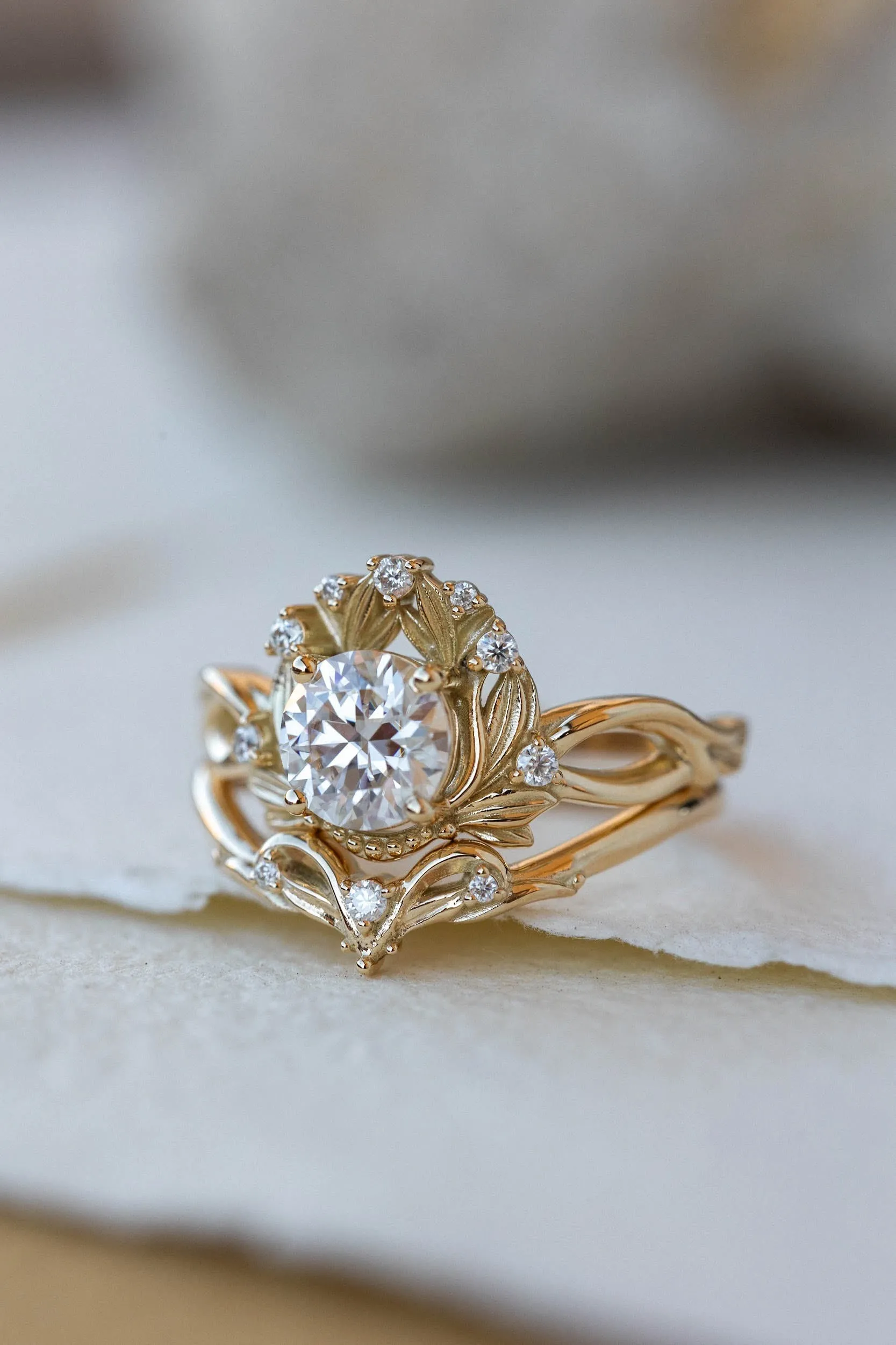 READY TO SHIP: Nika ring in 14K yellow gold, moissanite round cut 6.5 mm, accent moissanites, AVAILABLE RING SIZES: 6-8US