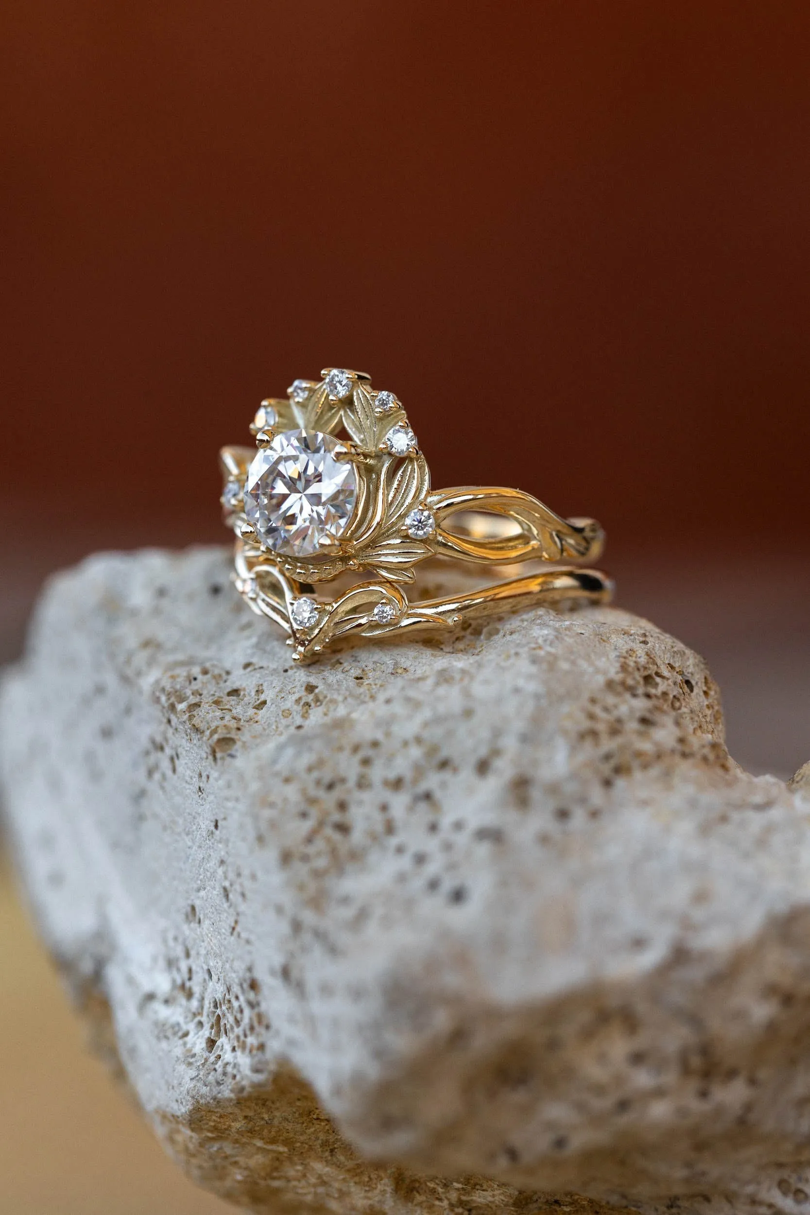 READY TO SHIP: Nika ring in 14K yellow gold, moissanite round cut 6.5 mm, accent moissanites, AVAILABLE RING SIZES: 6-8US