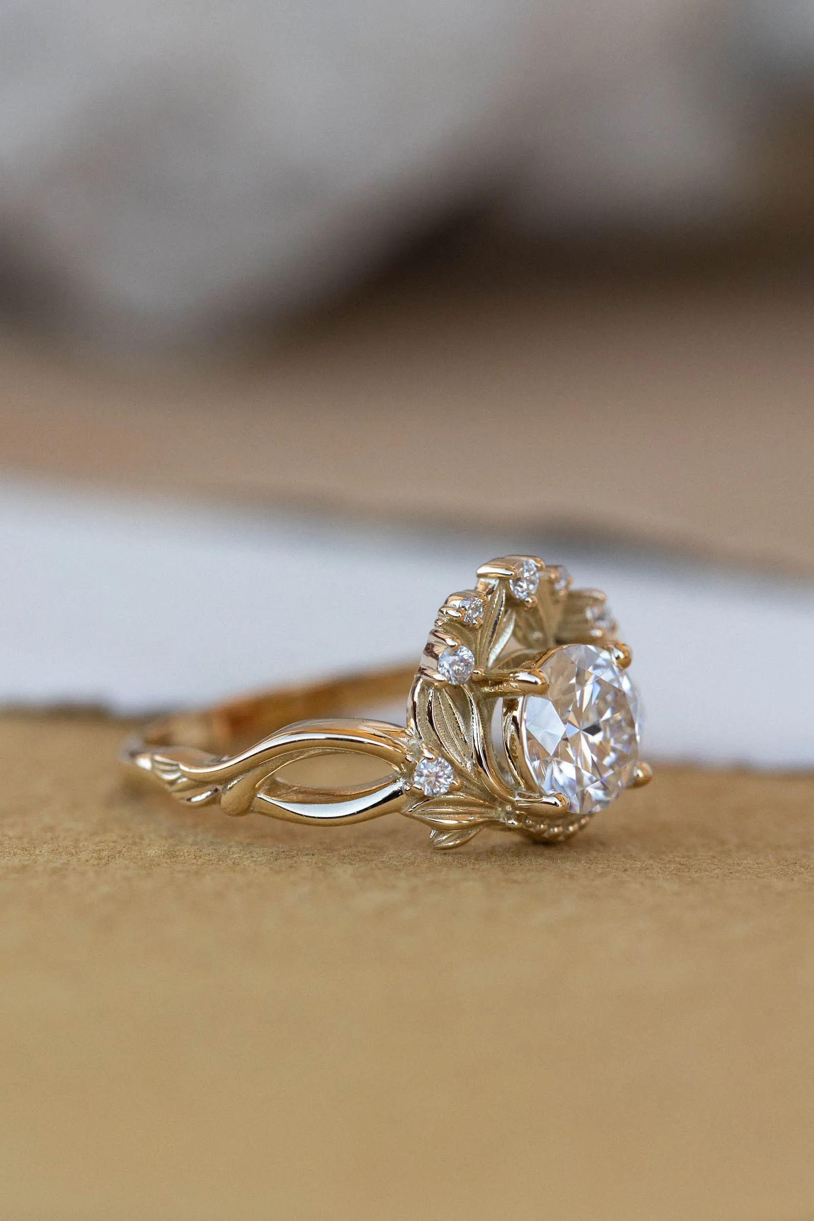 READY TO SHIP: Nika ring in 14K yellow gold, moissanite round cut 6.5 mm, accent moissanites, AVAILABLE RING SIZES: 6-8US