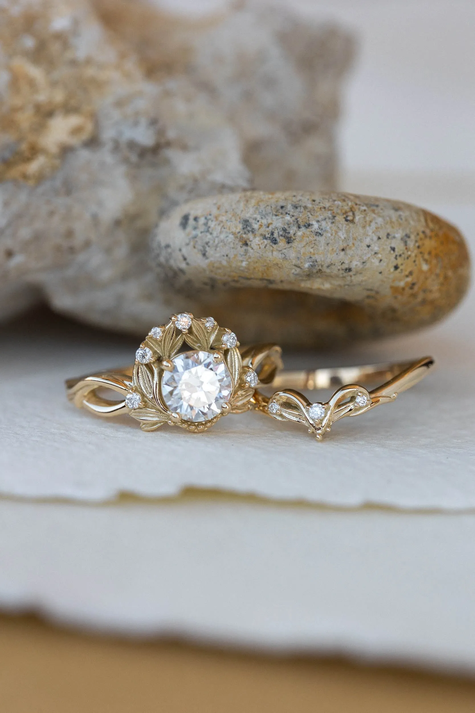 READY TO SHIP: Nika ring in 14K yellow gold, moissanite round cut 6.5 mm, accent moissanites, AVAILABLE RING SIZES: 6-8US