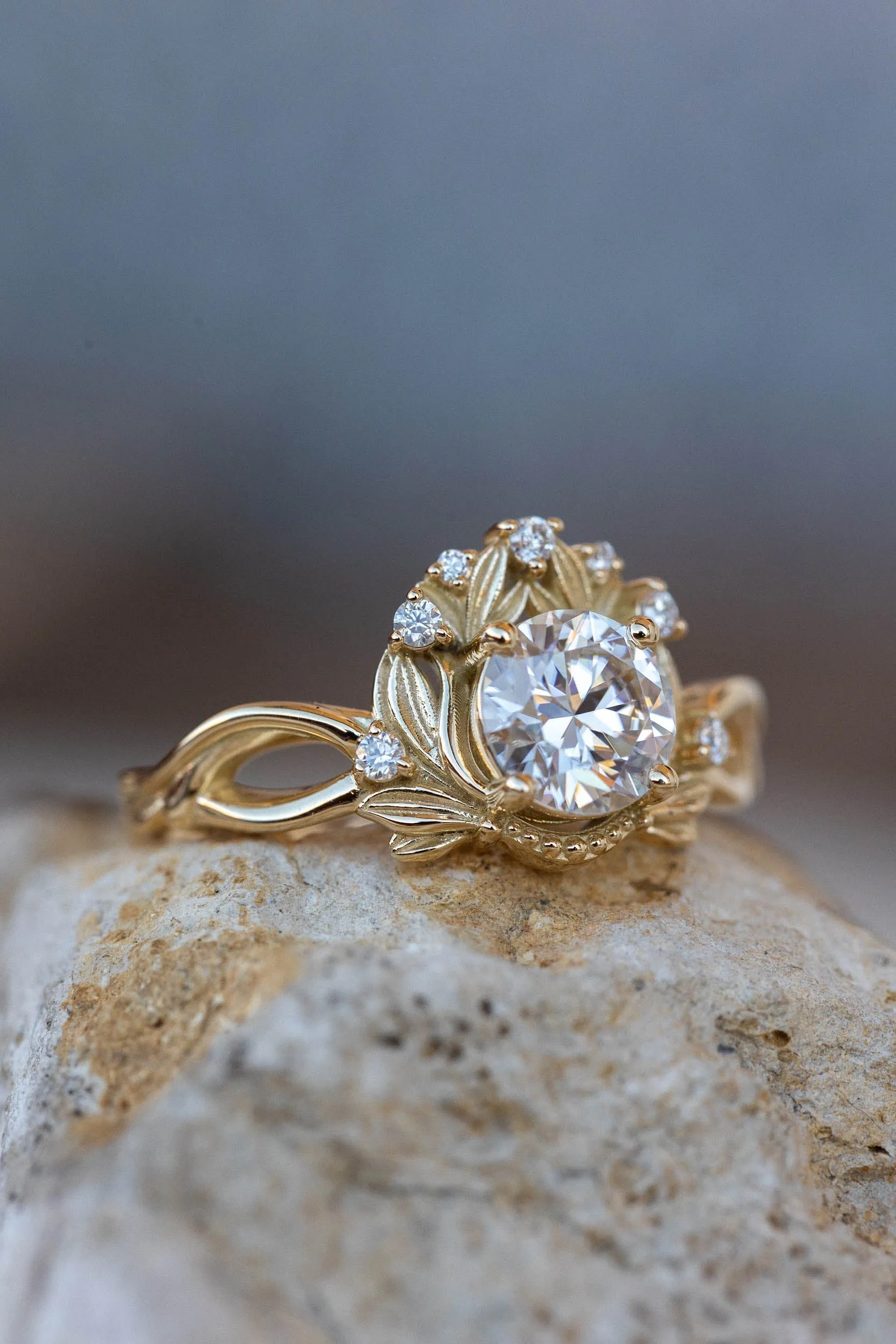 READY TO SHIP: Nika ring in 14K yellow gold, moissanite round cut 6.5 mm, accent moissanites, AVAILABLE RING SIZES: 6-8US