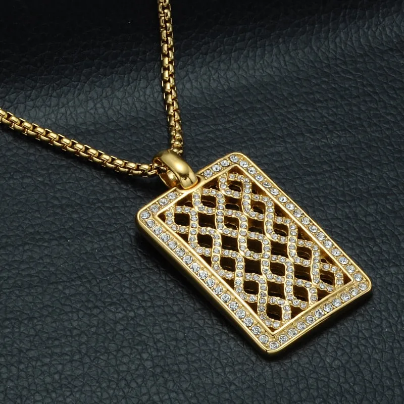 Rhinestone-Studded Gold-Plated Mesh Dog Tag Bling Stainless Steel Hip-hop Pendant Necklace