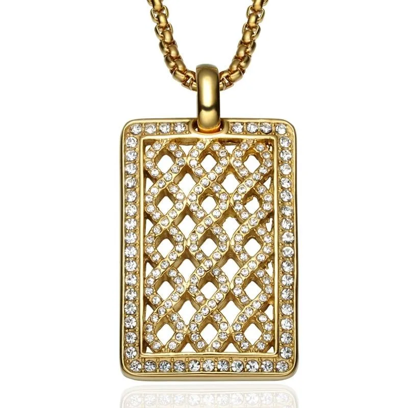 Rhinestone-Studded Gold-Plated Mesh Dog Tag Bling Stainless Steel Hip-hop Pendant Necklace