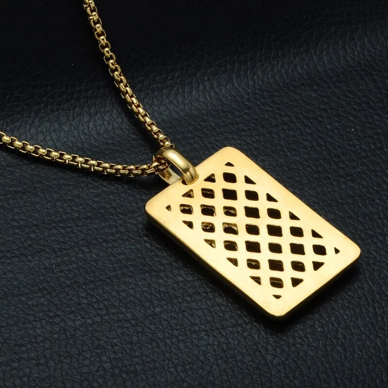 Rhinestone-Studded Gold-Plated Mesh Dog Tag Bling Stainless Steel Hip-hop Pendant Necklace