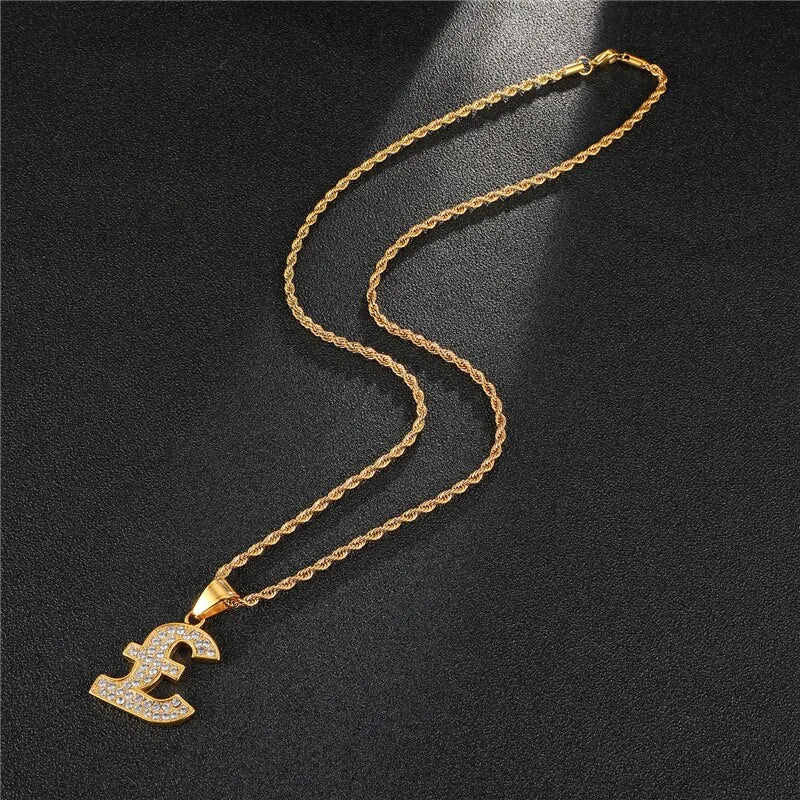 Rhinestone-Studded Gold-Plated Pound Bling Stainless Steel Hip-hop Pendant Necklace