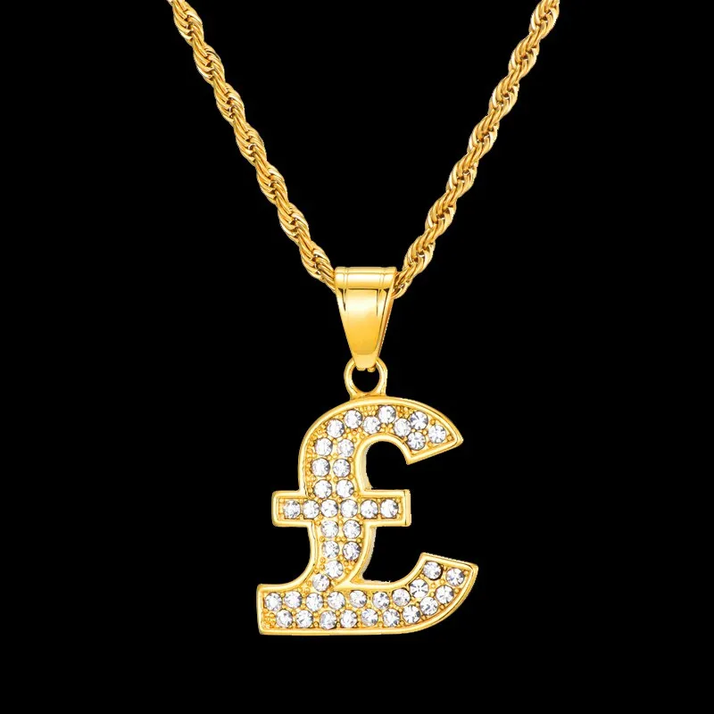 Rhinestone-Studded Gold-Plated Pound Bling Stainless Steel Hip-hop Pendant Necklace